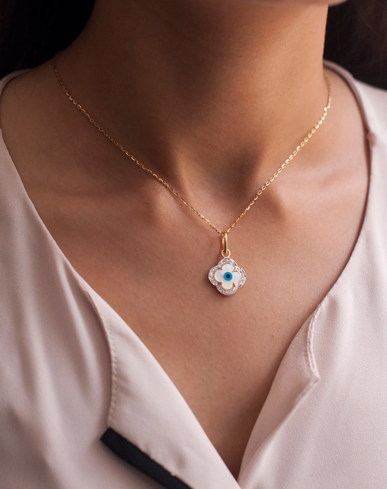 Evil Eye Charm Pendant - Clover with Diamonds