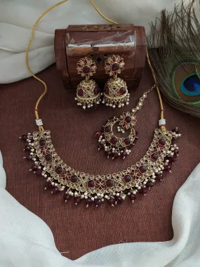 Exquisite Polki Kundan Mehandi Necklace Set in Ruby