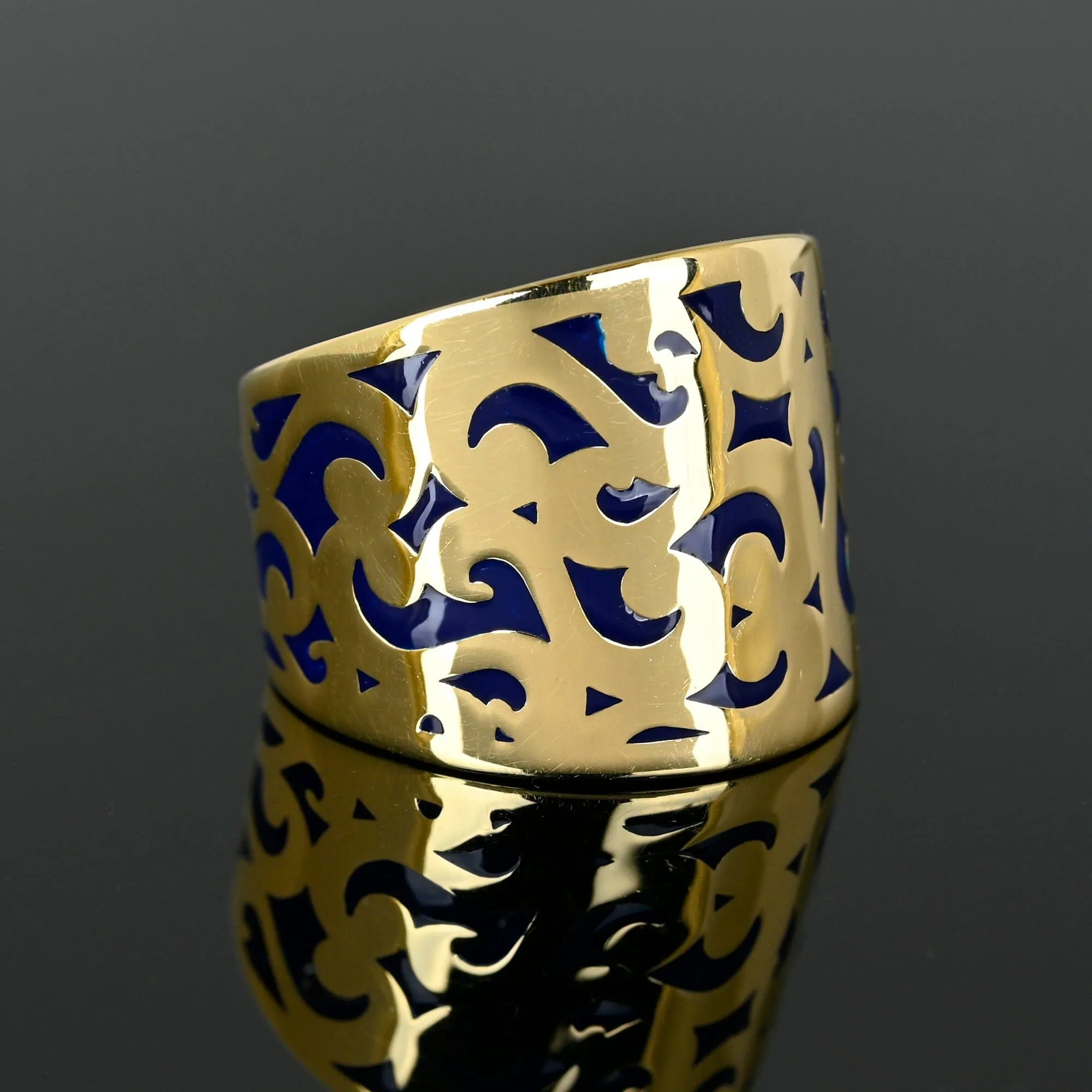 Fine Wide 14K Gold Plique a Jour Enamel Ring Band