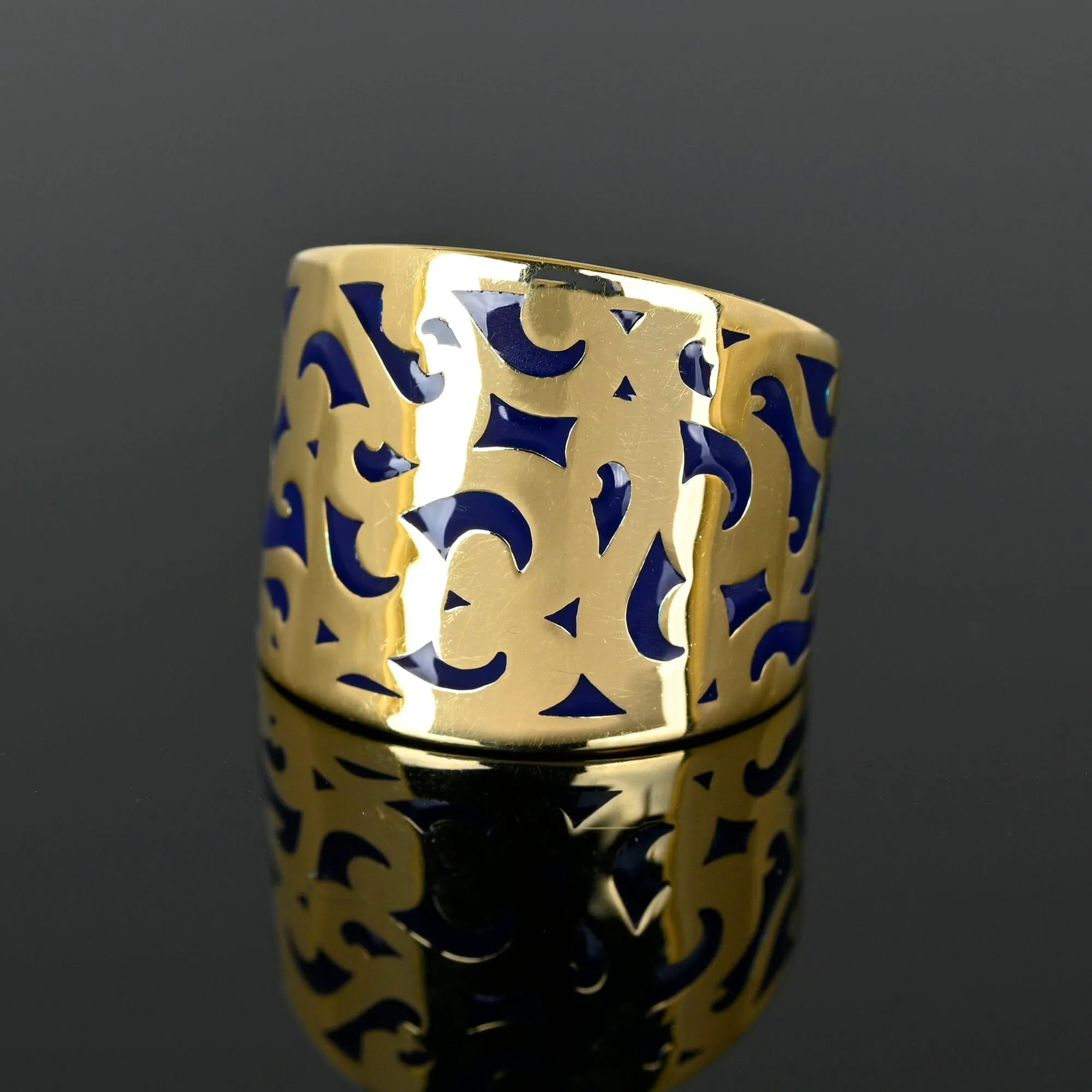 Fine Wide 14K Gold Plique a Jour Enamel Ring Band