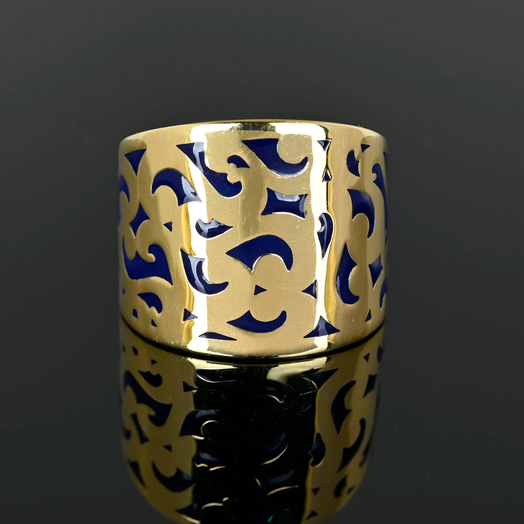 Fine Wide 14K Gold Plique a Jour Enamel Ring Band