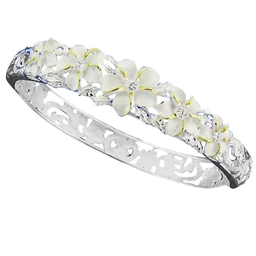 Five Plumeria Flower Open Bangle With CZ Inlay