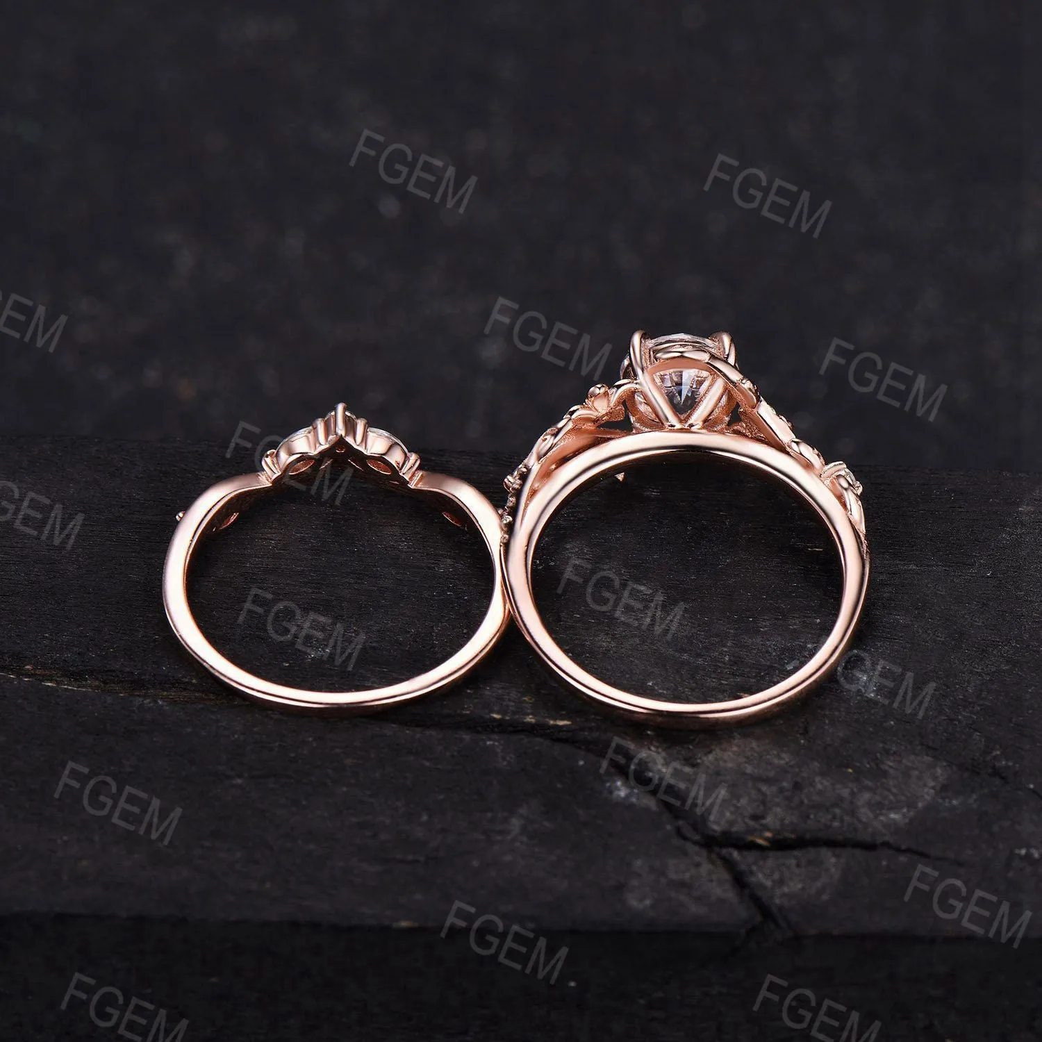 Floral Blue Sapphire Engagement Ring Set Rose Gold Branch Leaf Moissanite Cluster Bridal Set September Birthstone Wedding Ring Promise Gifts