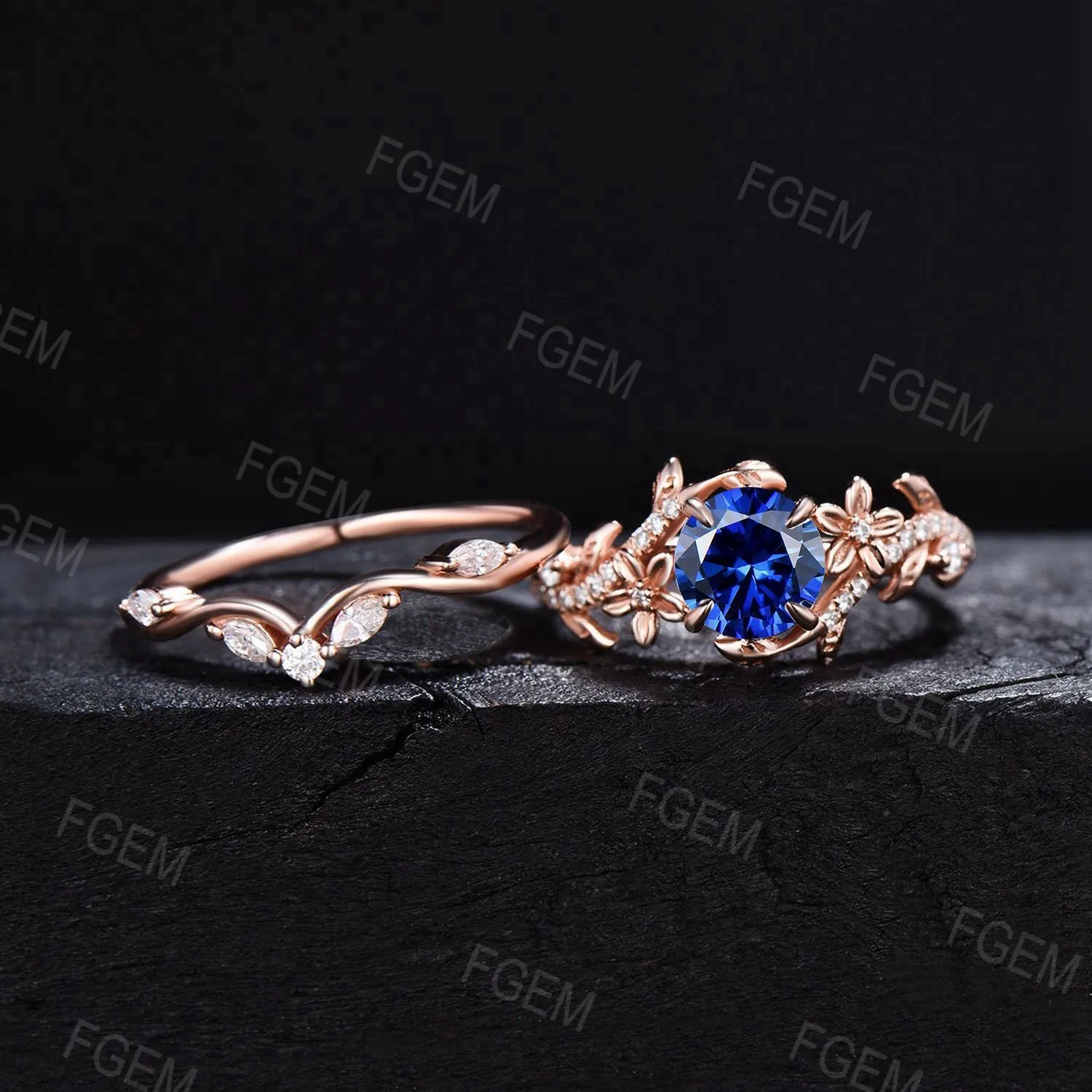 Floral Blue Sapphire Engagement Ring Set Rose Gold Branch Leaf Moissanite Cluster Bridal Set September Birthstone Wedding Ring Promise Gifts