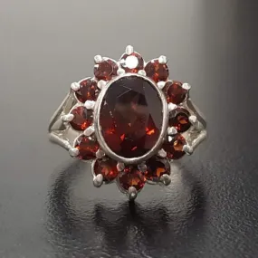 Garnet Flower Ring - Red Cocktail Ring - Vintage Statement Ring
