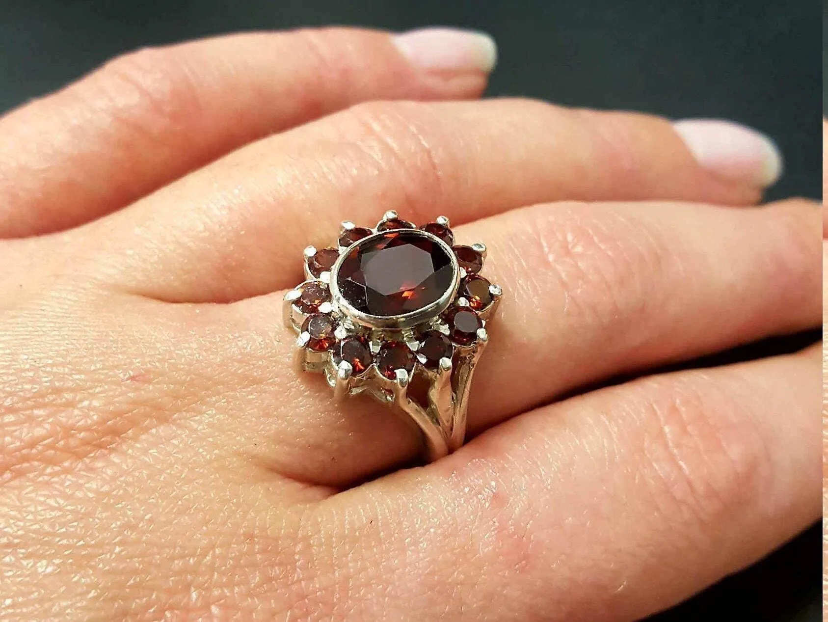 Garnet Flower Ring - Red Cocktail Ring - Vintage Statement Ring