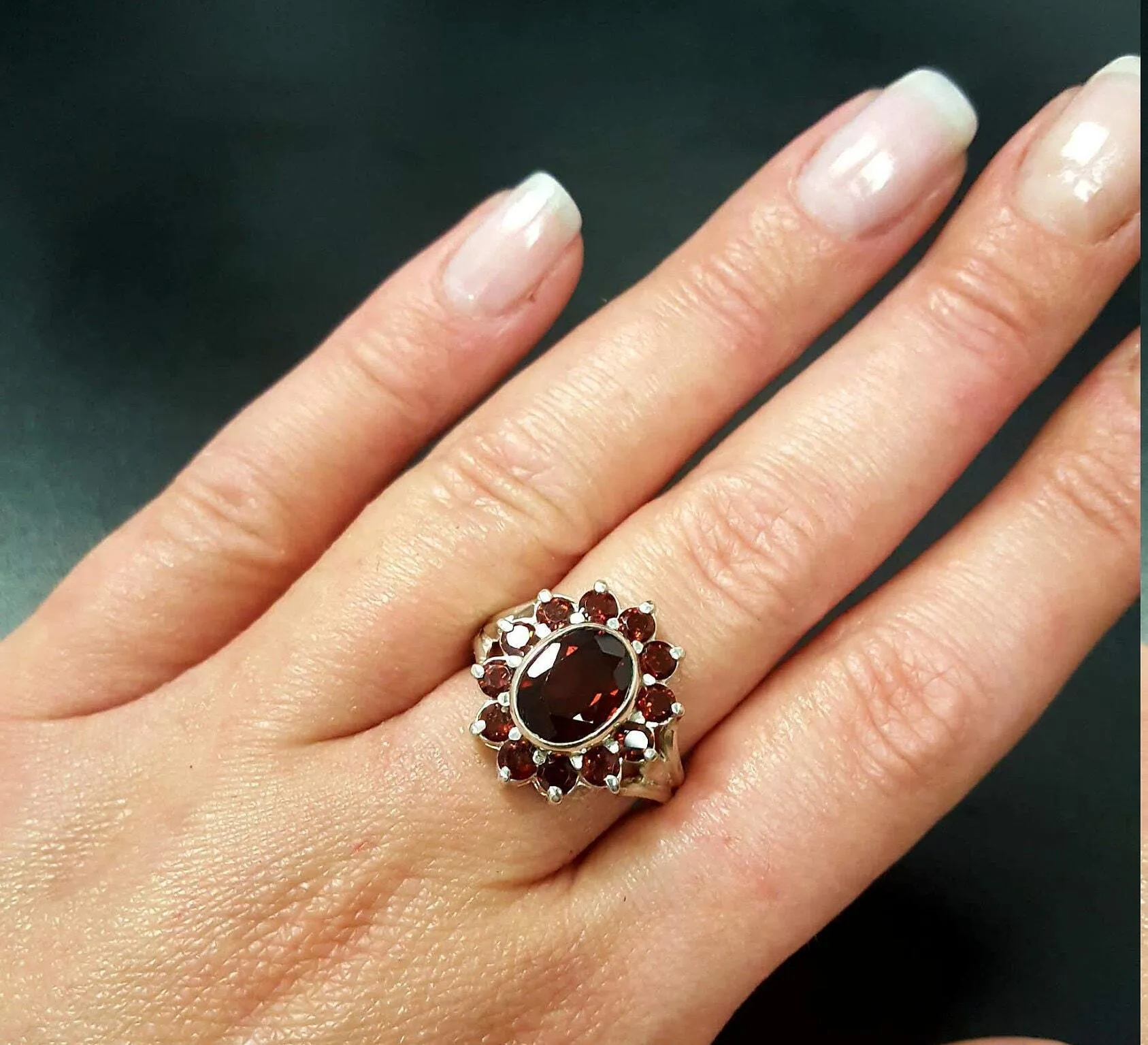 Garnet Flower Ring - Red Cocktail Ring - Vintage Statement Ring