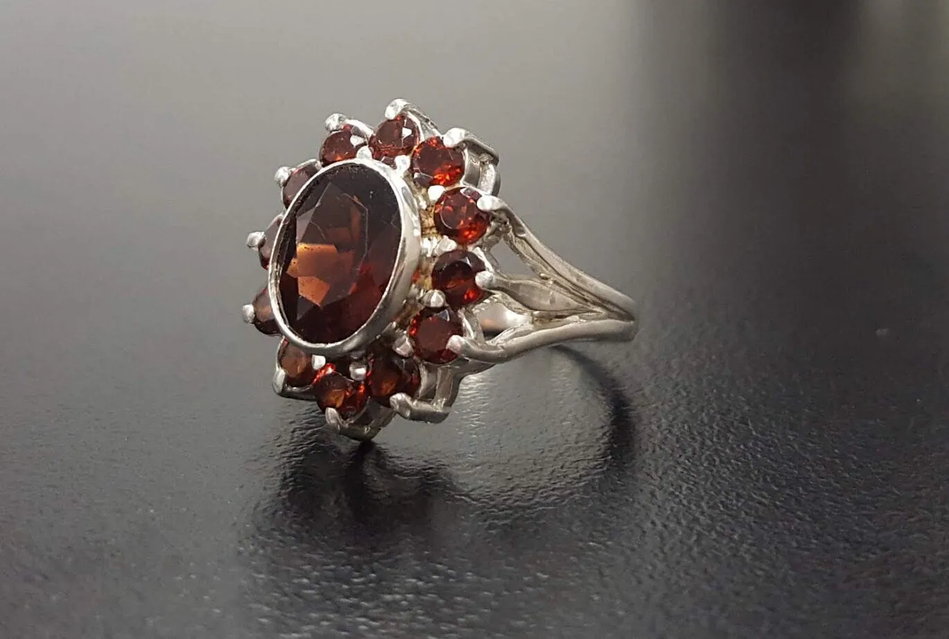 Garnet Flower Ring - Red Cocktail Ring - Vintage Statement Ring