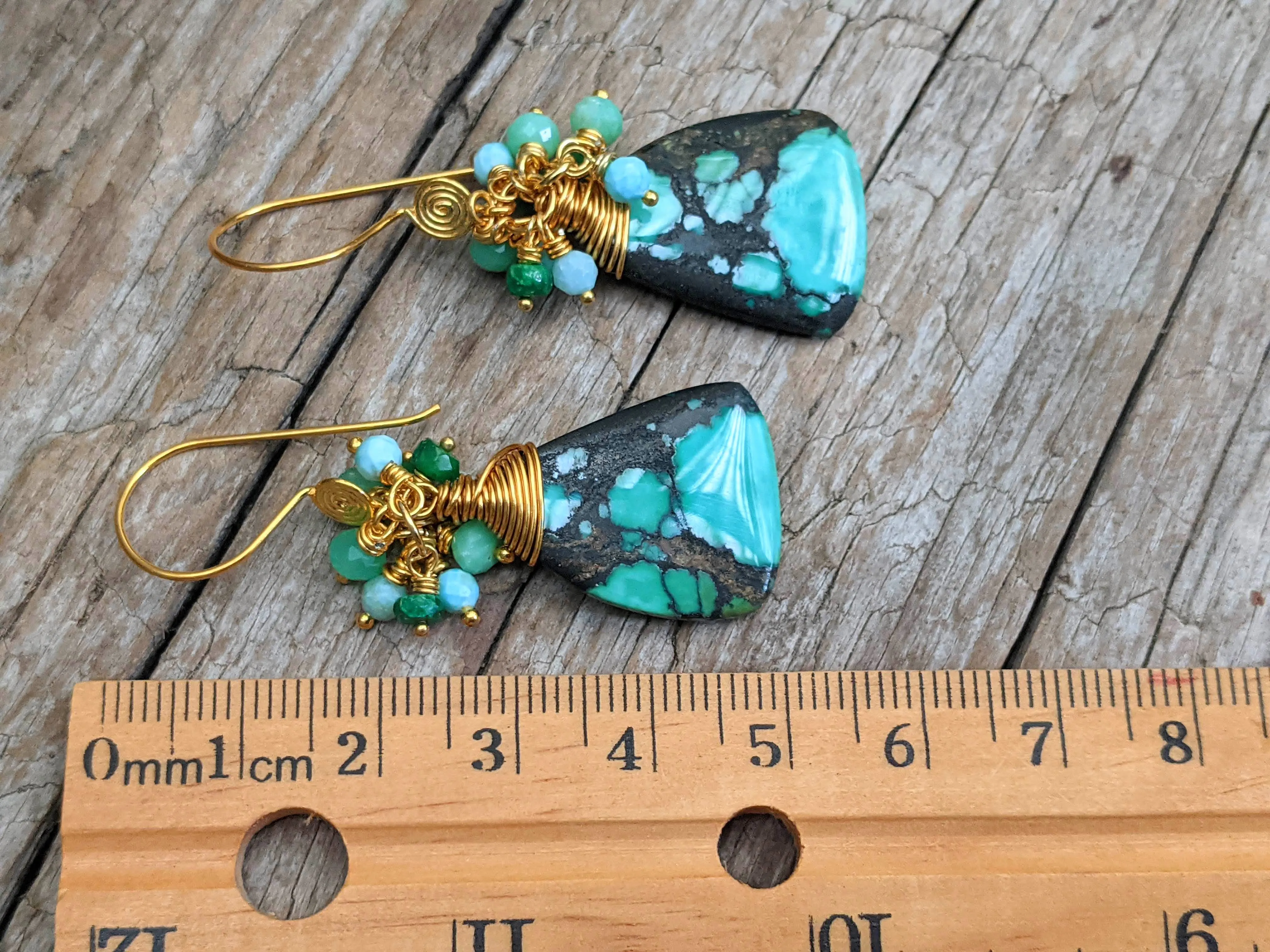 Genuine Turquoise with Emerald, Chrysoprase, Larimar and 14 Kt Gold Filled Earrings