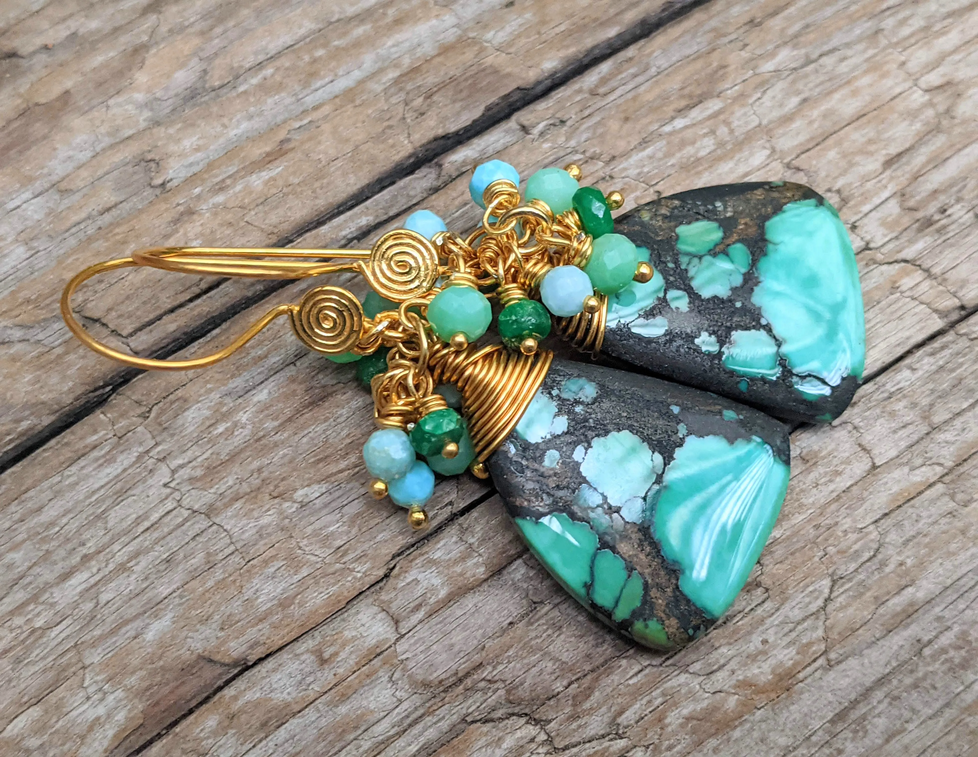 Genuine Turquoise with Emerald, Chrysoprase, Larimar and 14 Kt Gold Filled Earrings
