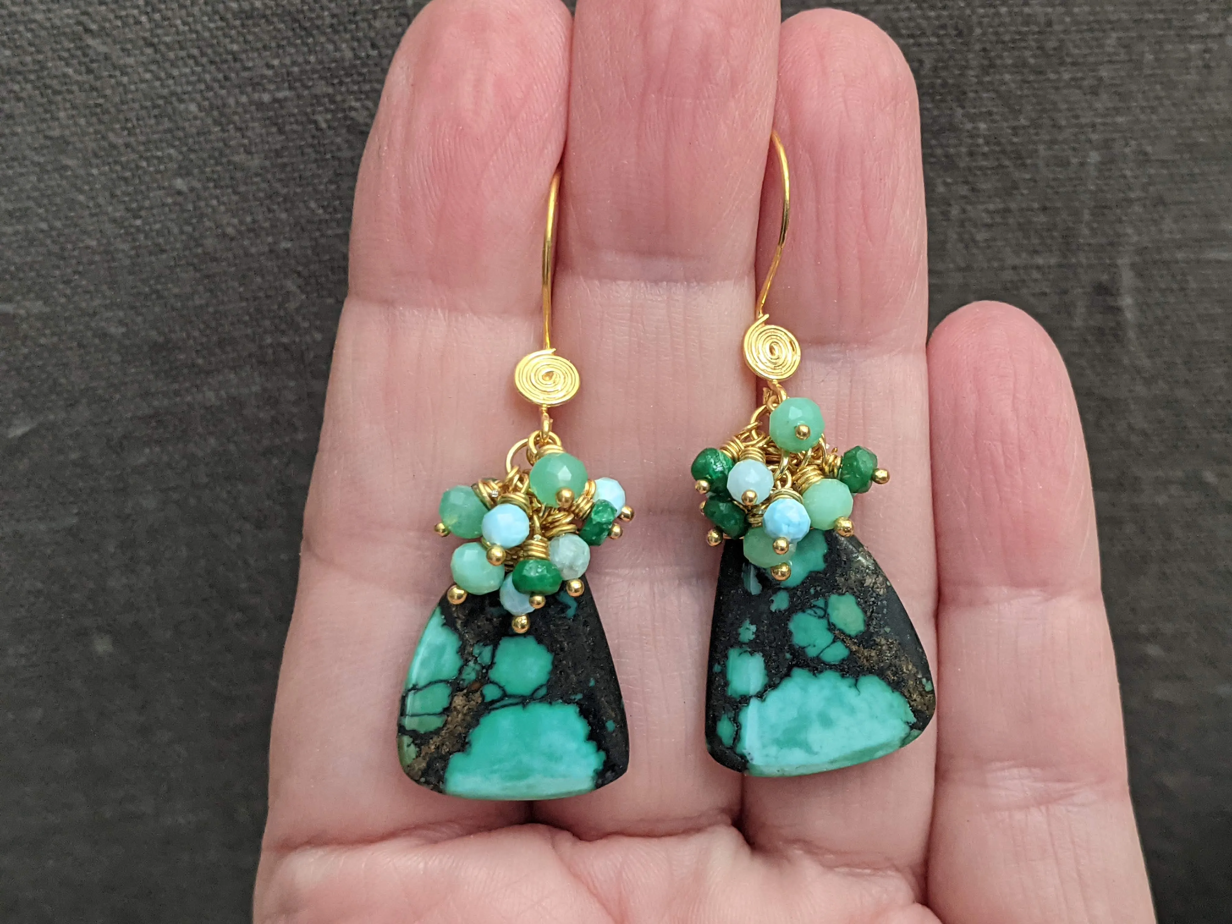 Genuine Turquoise with Emerald, Chrysoprase, Larimar and 14 Kt Gold Filled Earrings