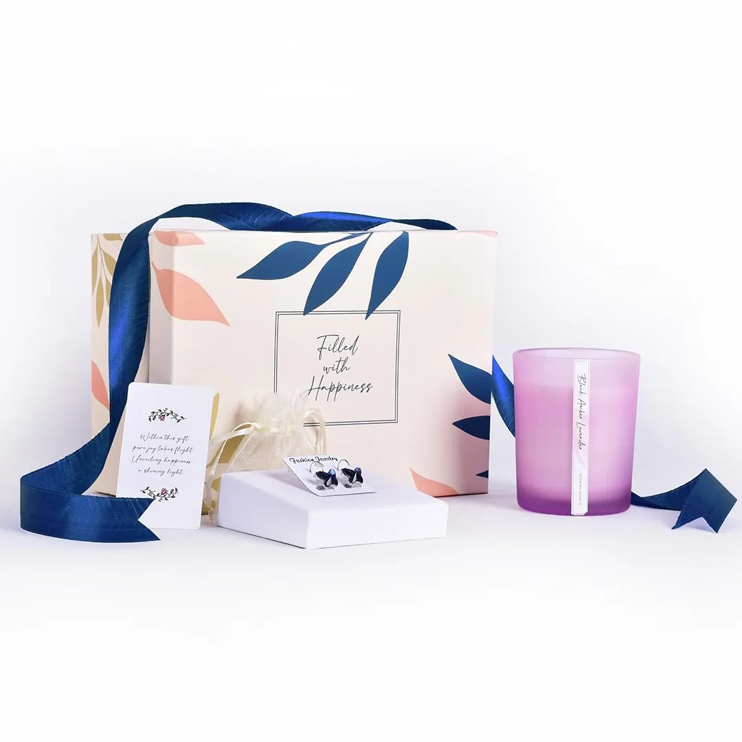 Gleevers Birthday Gift for Women|Gift Box Pack of 2 with Candle(Black Amber Lavender,250gm) & Butterfly Earring|Anniversary Gift for Wife, Valentine Gift for Girlfriend, Birthday Gift for Mother
