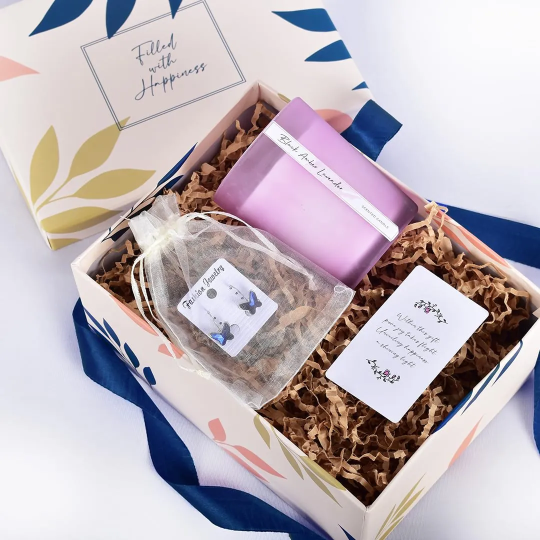 Gleevers Birthday Gift for Women|Gift Box Pack of 2 with Candle(Black Amber Lavender,250gm) & Butterfly Earring|Anniversary Gift for Wife, Valentine Gift for Girlfriend, Birthday Gift for Mother