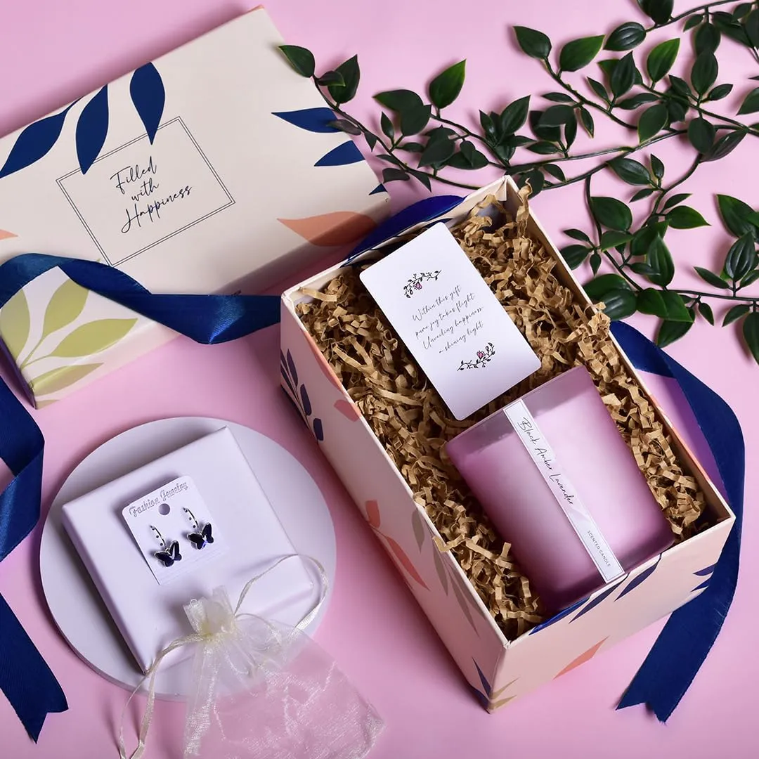 Gleevers Birthday Gift for Women|Gift Box Pack of 2 with Candle(Black Amber Lavender,250gm) & Butterfly Earring|Anniversary Gift for Wife, Valentine Gift for Girlfriend, Birthday Gift for Mother