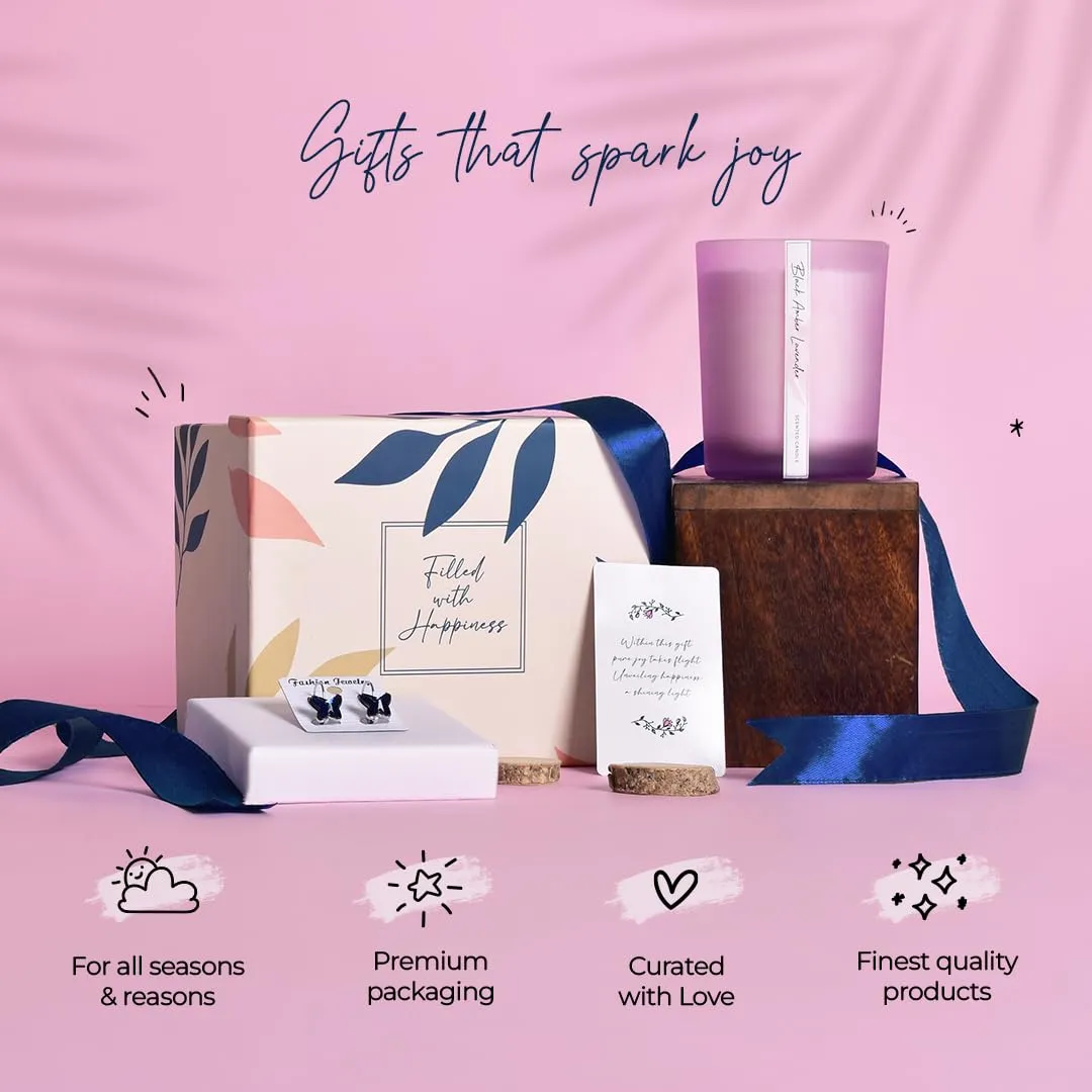 Gleevers Birthday Gift for Women|Gift Box Pack of 2 with Candle(Black Amber Lavender,250gm) & Butterfly Earring|Anniversary Gift for Wife, Valentine Gift for Girlfriend, Birthday Gift for Mother