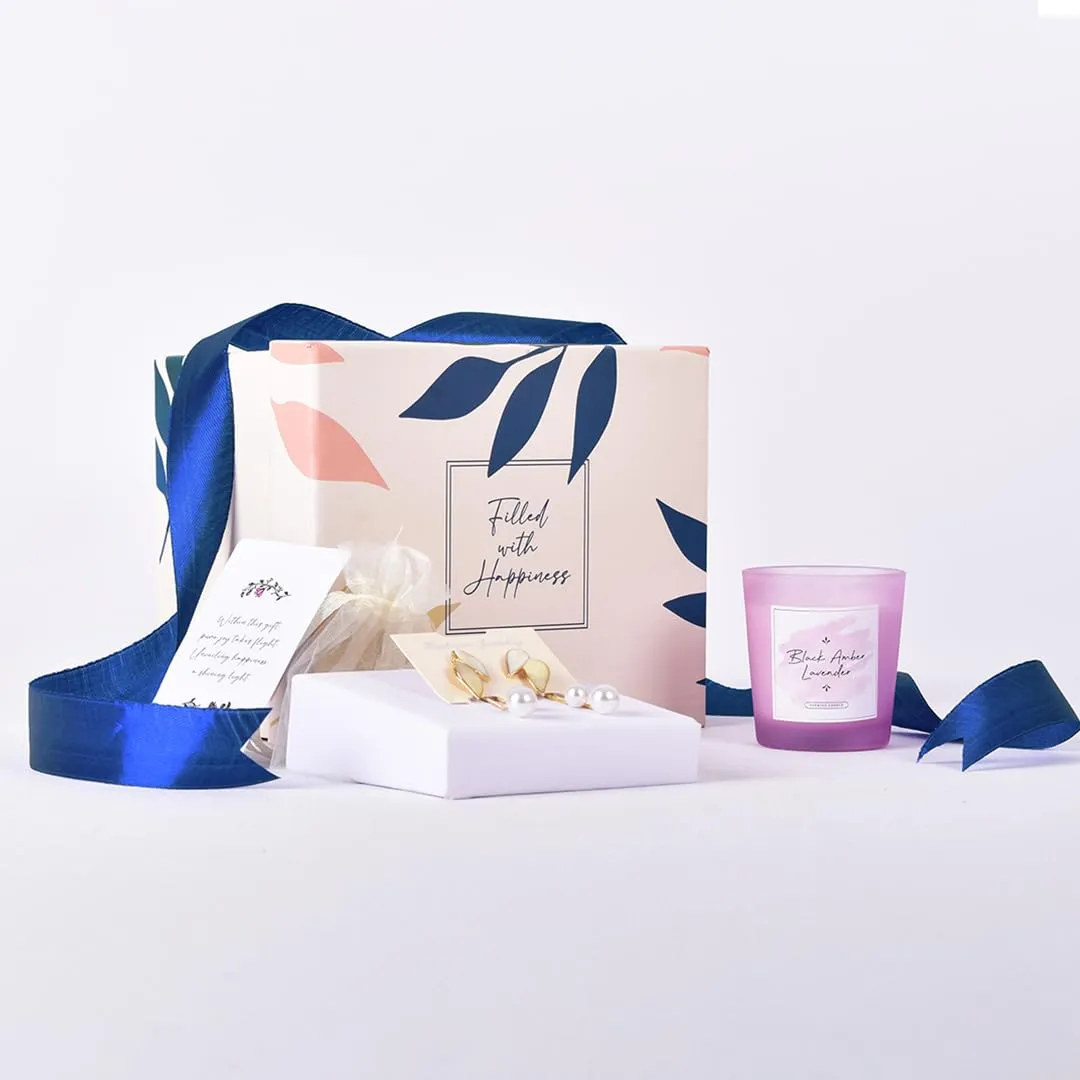 Gleevers Gift Set for Women |Gift Box of 2 with Candle (Black Amber Lavender,60gm) & Pearl Dangler Earring|Birthday Gift,Anniversary Gift,Valentine Gift,Secret Santa Gifts