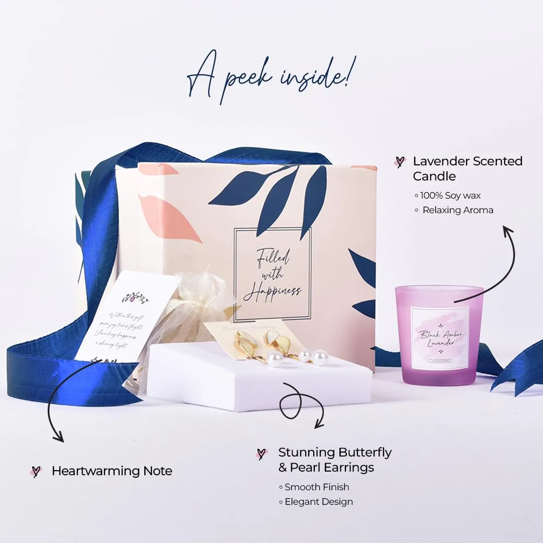 Gleevers Gift Set for Women |Gift Box of 2 with Candle (Black Amber Lavender,60gm) & Pearl Dangler Earring|Birthday Gift,Anniversary Gift,Valentine Gift,Secret Santa Gifts