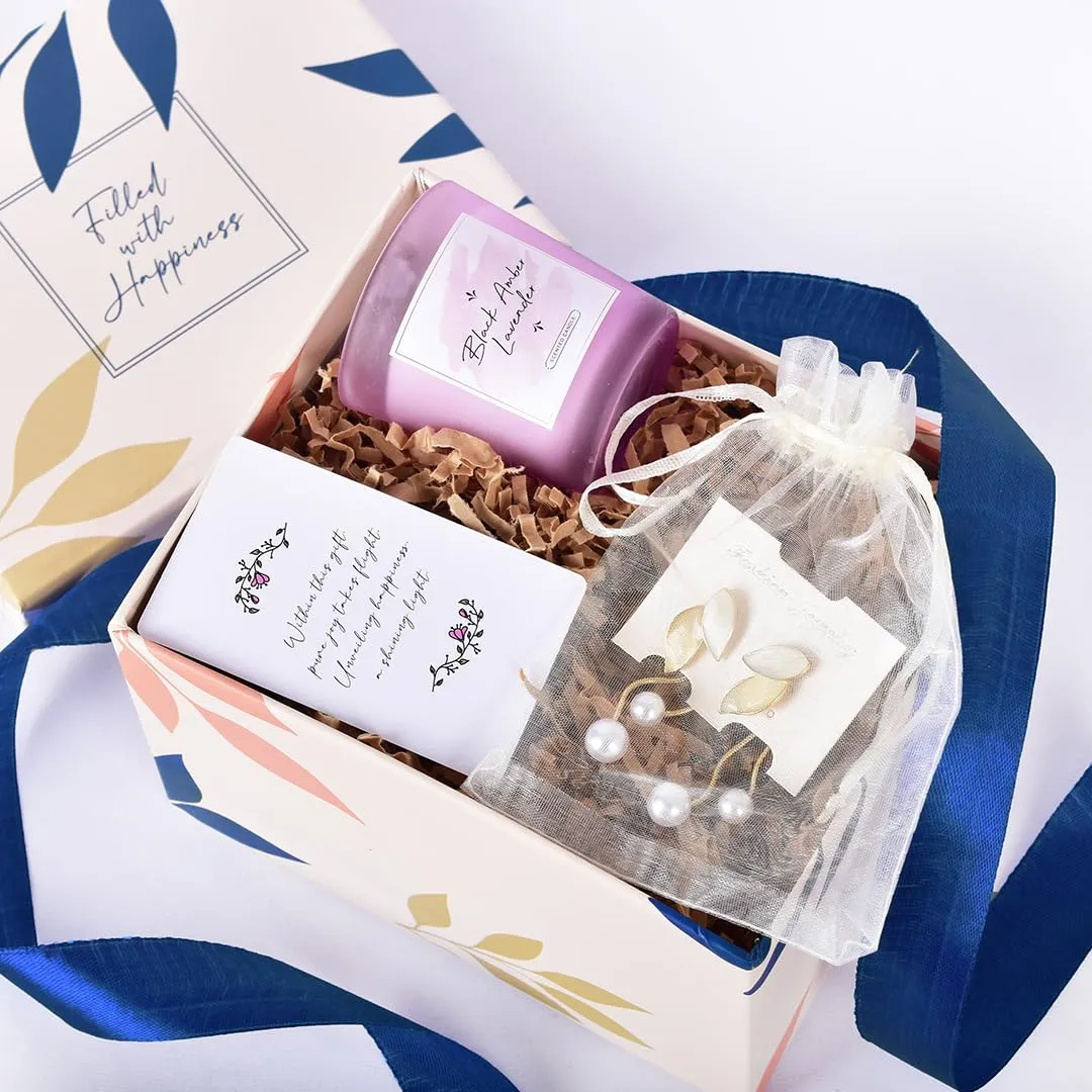 Gleevers Gift Set for Women |Gift Box of 2 with Candle (Black Amber Lavender,60gm) & Pearl Dangler Earring|Birthday Gift,Anniversary Gift,Valentine Gift,Secret Santa Gifts