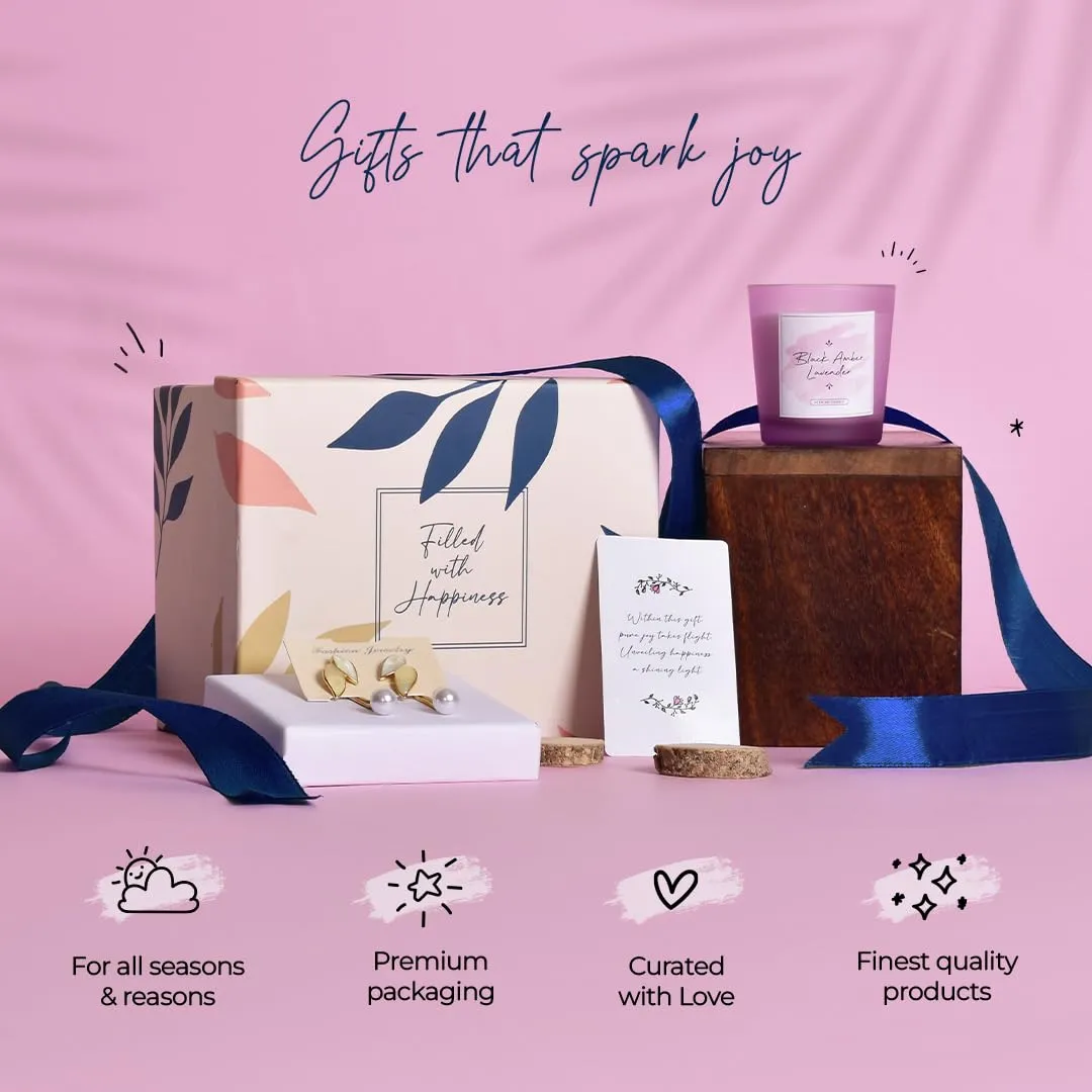 Gleevers Gift Set for Women |Gift Box of 2 with Candle (Black Amber Lavender,60gm) & Pearl Dangler Earring|Birthday Gift,Anniversary Gift,Valentine Gift,Secret Santa Gifts