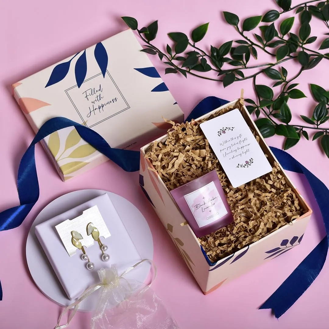 Gleevers Gift Set for Women |Gift Box of 2 with Candle (Black Amber Lavender,60gm) & Pearl Dangler Earring|Birthday Gift,Anniversary Gift,Valentine Gift,Secret Santa Gifts