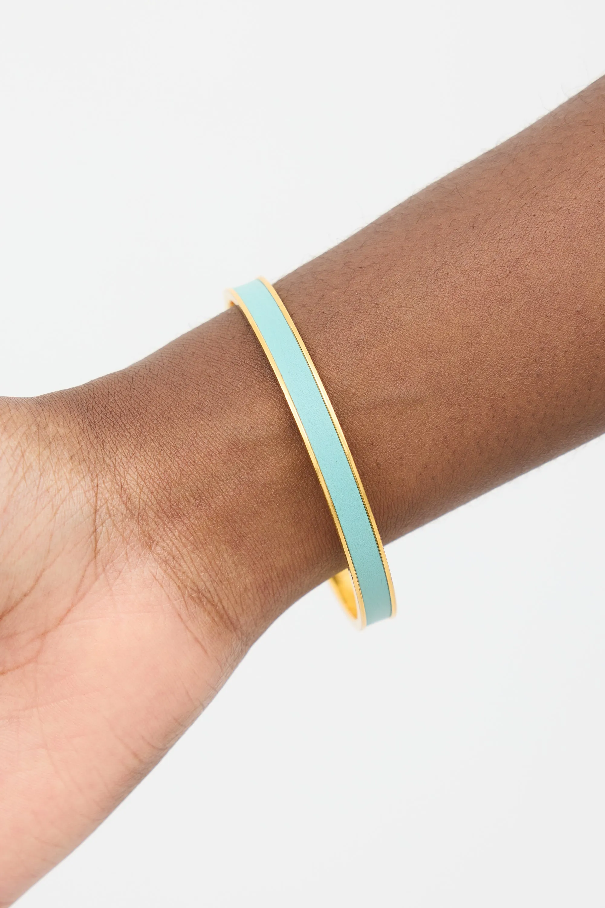 Gold & Light Blue Swift Leather Kawaii Thin Bangle Bracelet