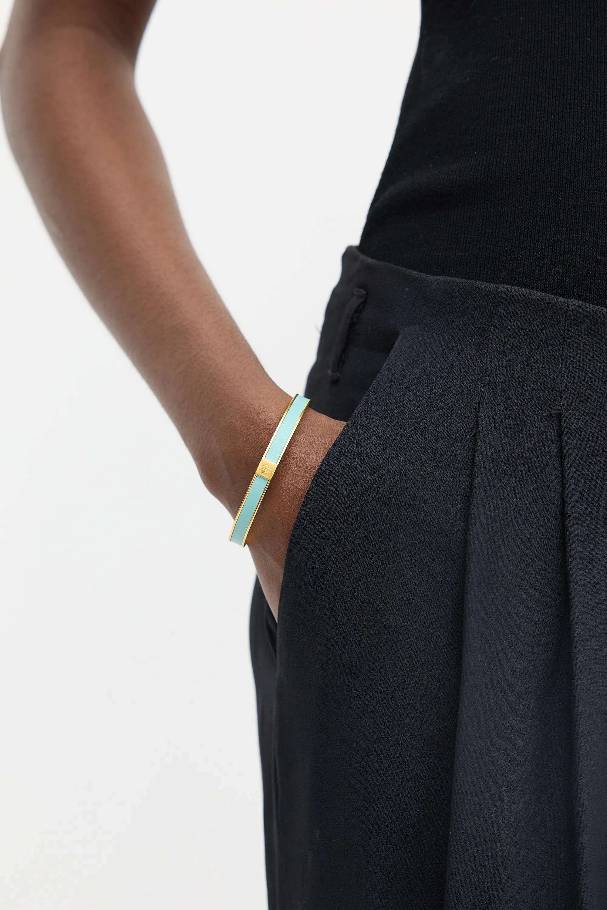 Gold & Light Blue Swift Leather Kawaii Thin Bangle Bracelet