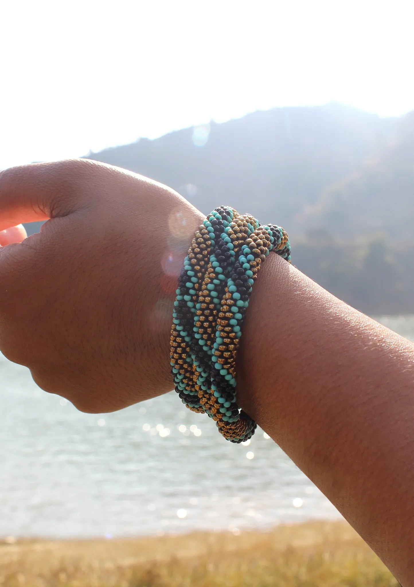 Gold, Black & Blue Beads Nepalese Roll on Bracelet
