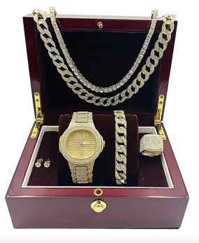 Gold Color Watch Simulated Diamond Watch Bundle Bracelet Cuban Link Necklace Tennis Chain Ring Earrings Gift Set