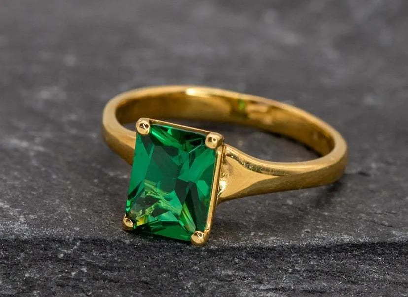 Gold Emerald Ring - Green Square Ring - Vintage Square Ring