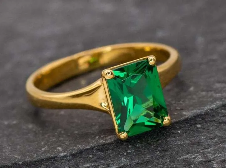 Gold Emerald Ring - Green Square Ring - Vintage Square Ring