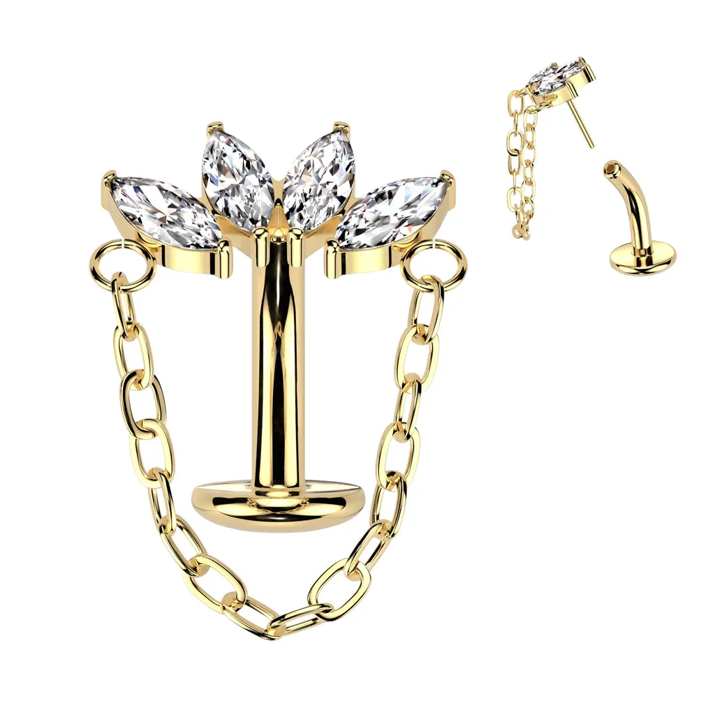 Gold Titanium Threadless Lotus Chain Floating Belly Bar