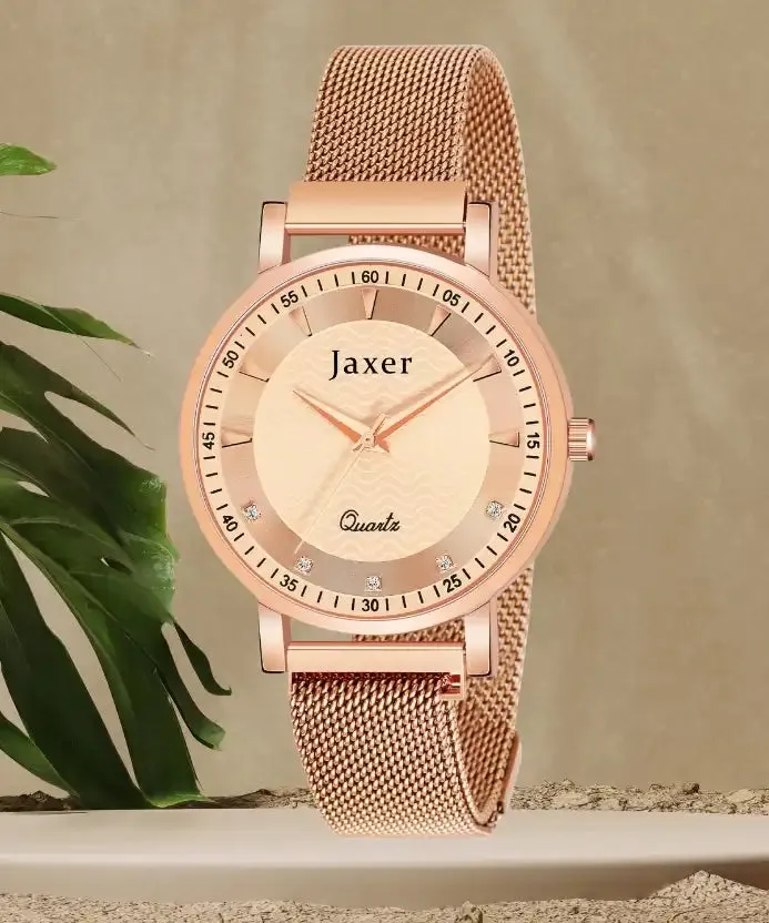 Golden Mesh Chain Analog Wrist Watch For Women - JXRW2576