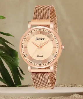 Golden Mesh Chain Analog Wrist Watch For Women - JXRW2576