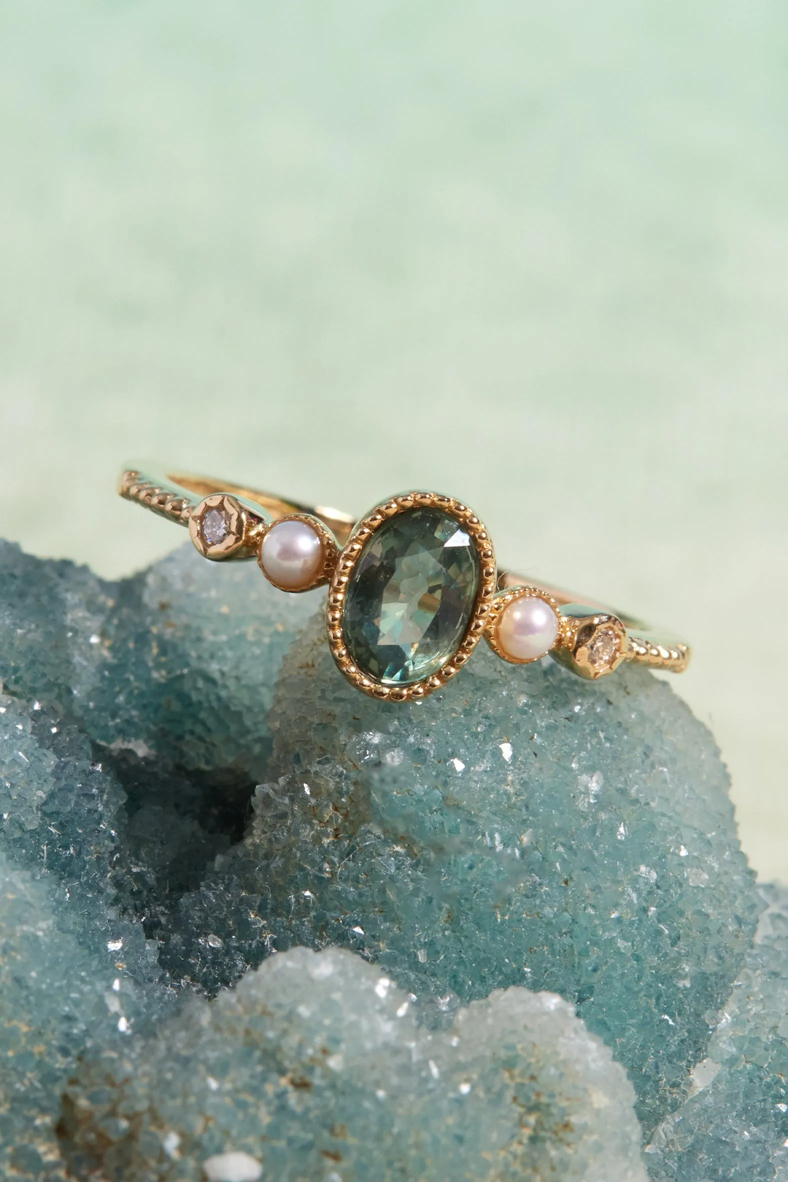 Green Sapphire & Pearl & Diamond 14K Gold Bezel Set Ring - Elizabeth