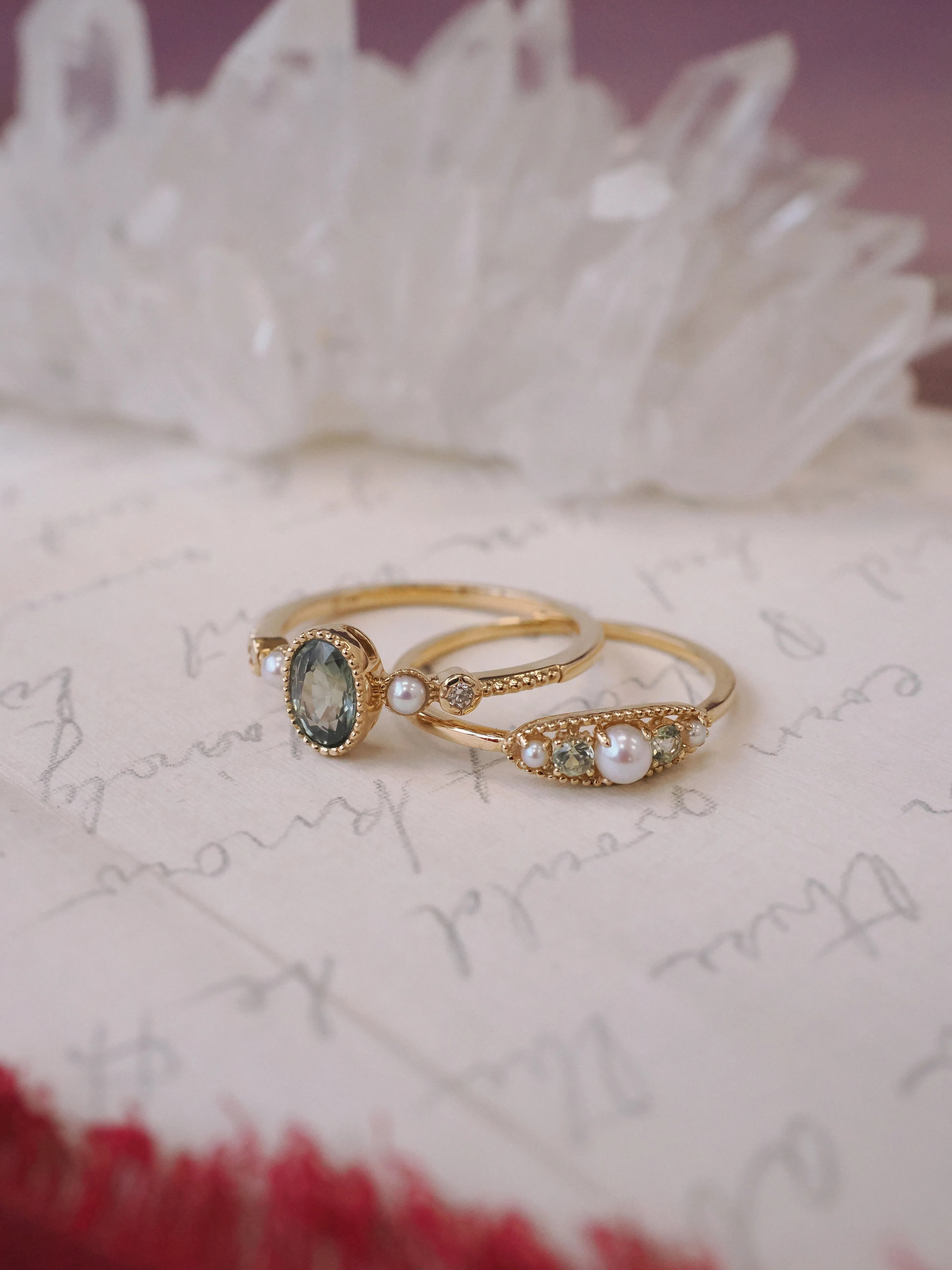 Green Sapphire & Pearl & Diamond 14K Gold Bezel Set Ring - Elizabeth