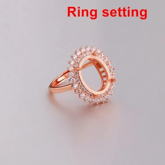 Halo Ring Setting Blank 16mm 1pc 925 Sterling Silver CZ Semi Mount for Oval Faceted Stone 4 Prongs Love Theme Adjustable Wholesale Available