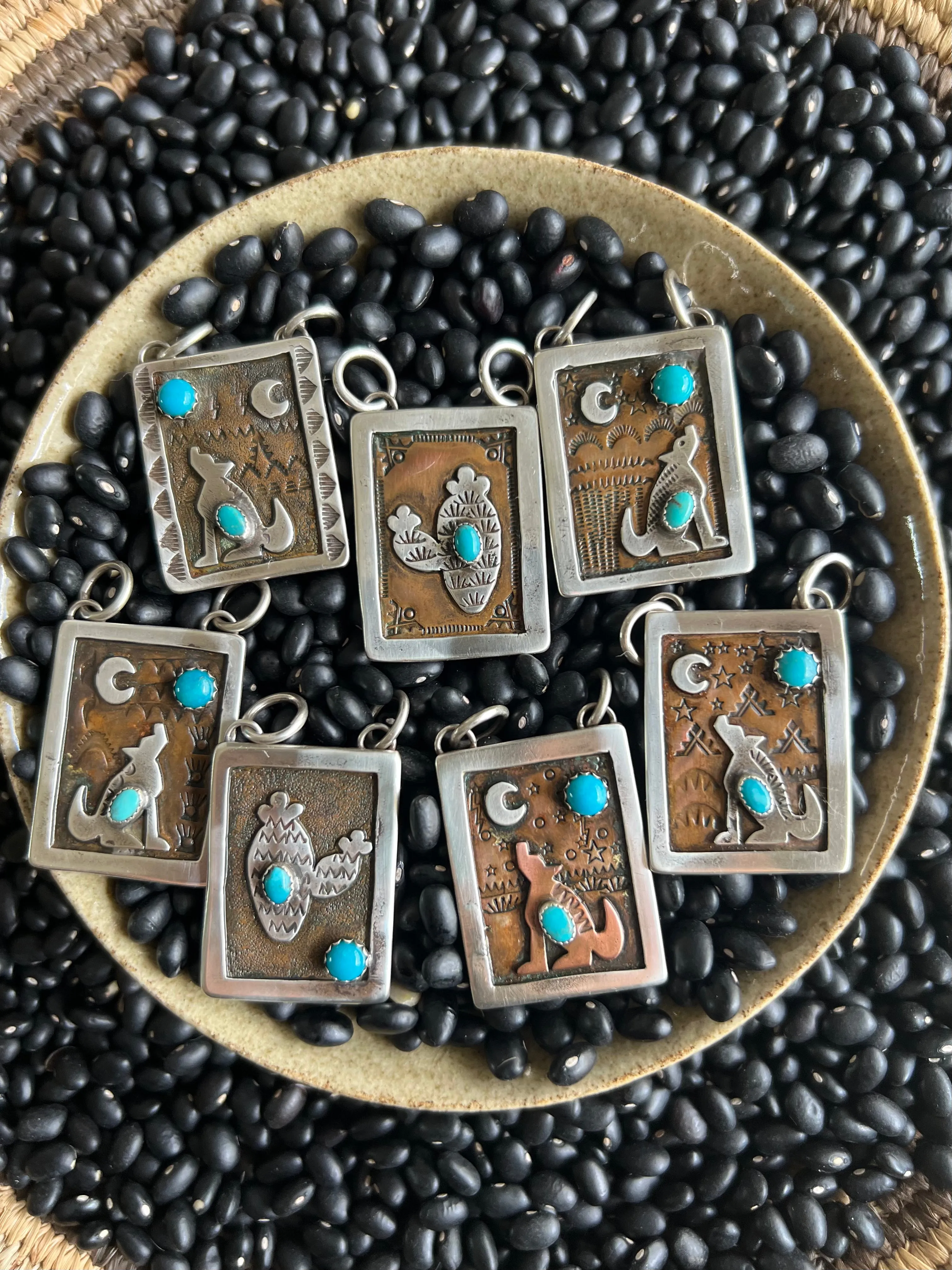 Hand Stamped Armadillo Cactus and Coyote Pendants