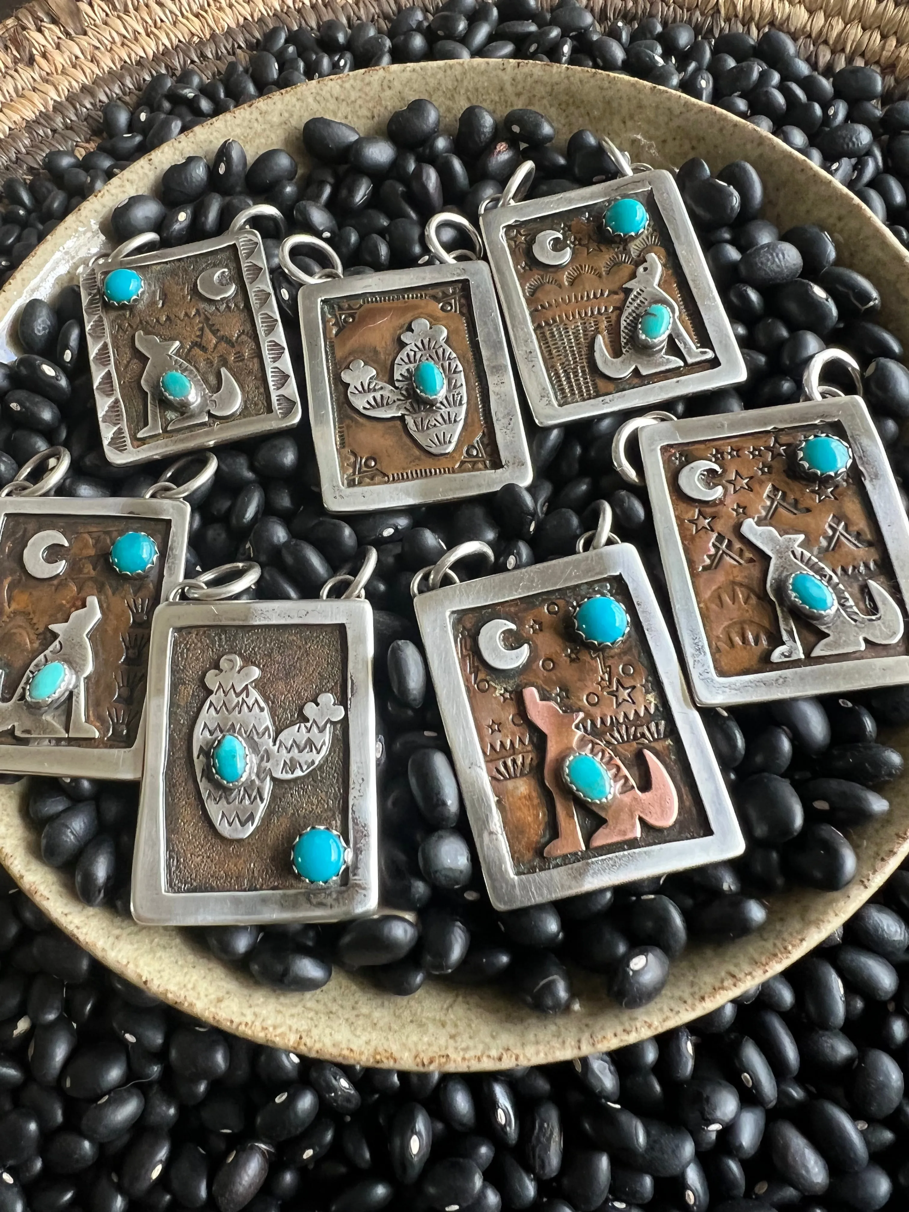 Hand Stamped Armadillo Cactus and Coyote Pendants
