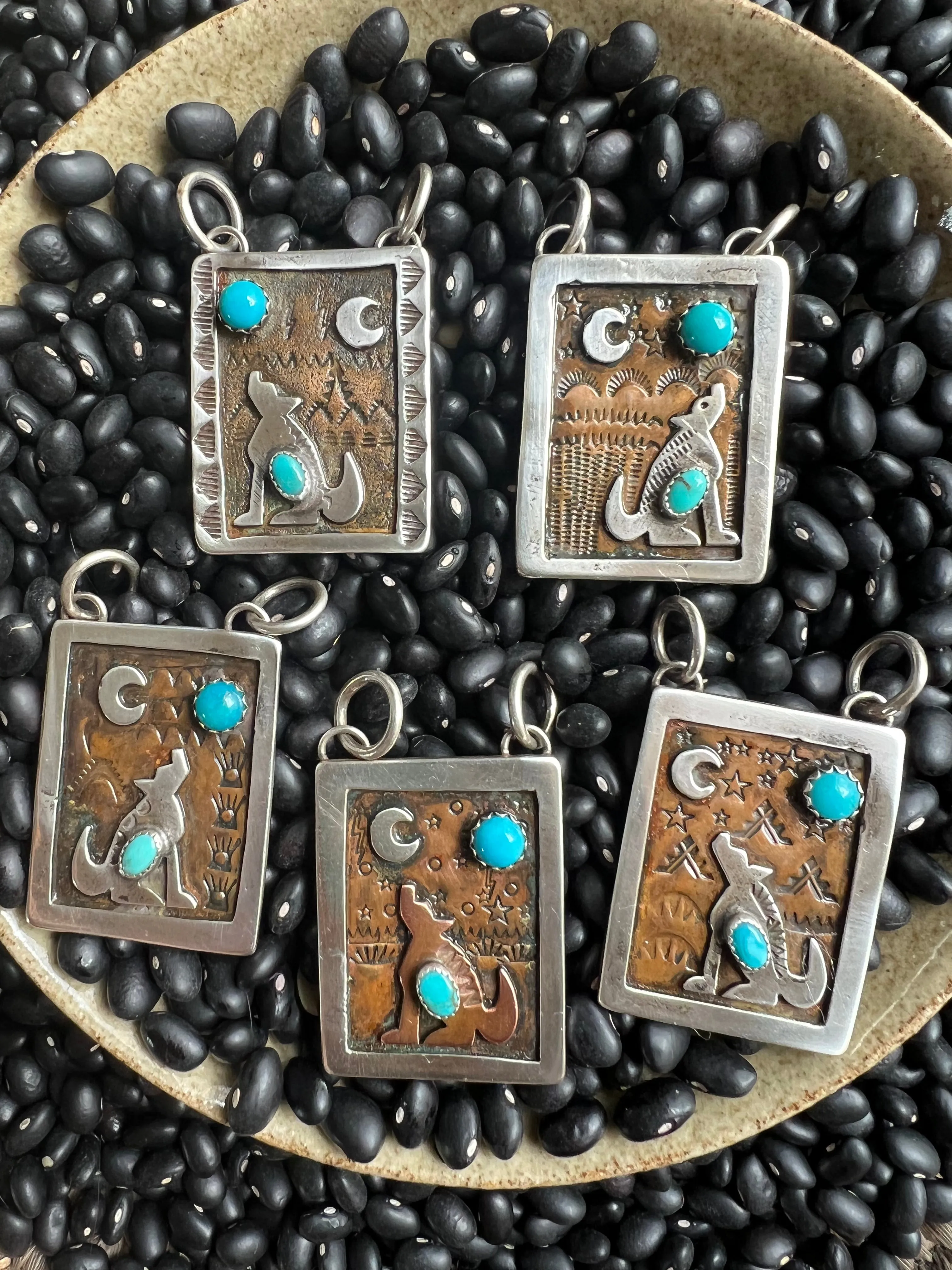 Hand Stamped Armadillo Cactus and Coyote Pendants