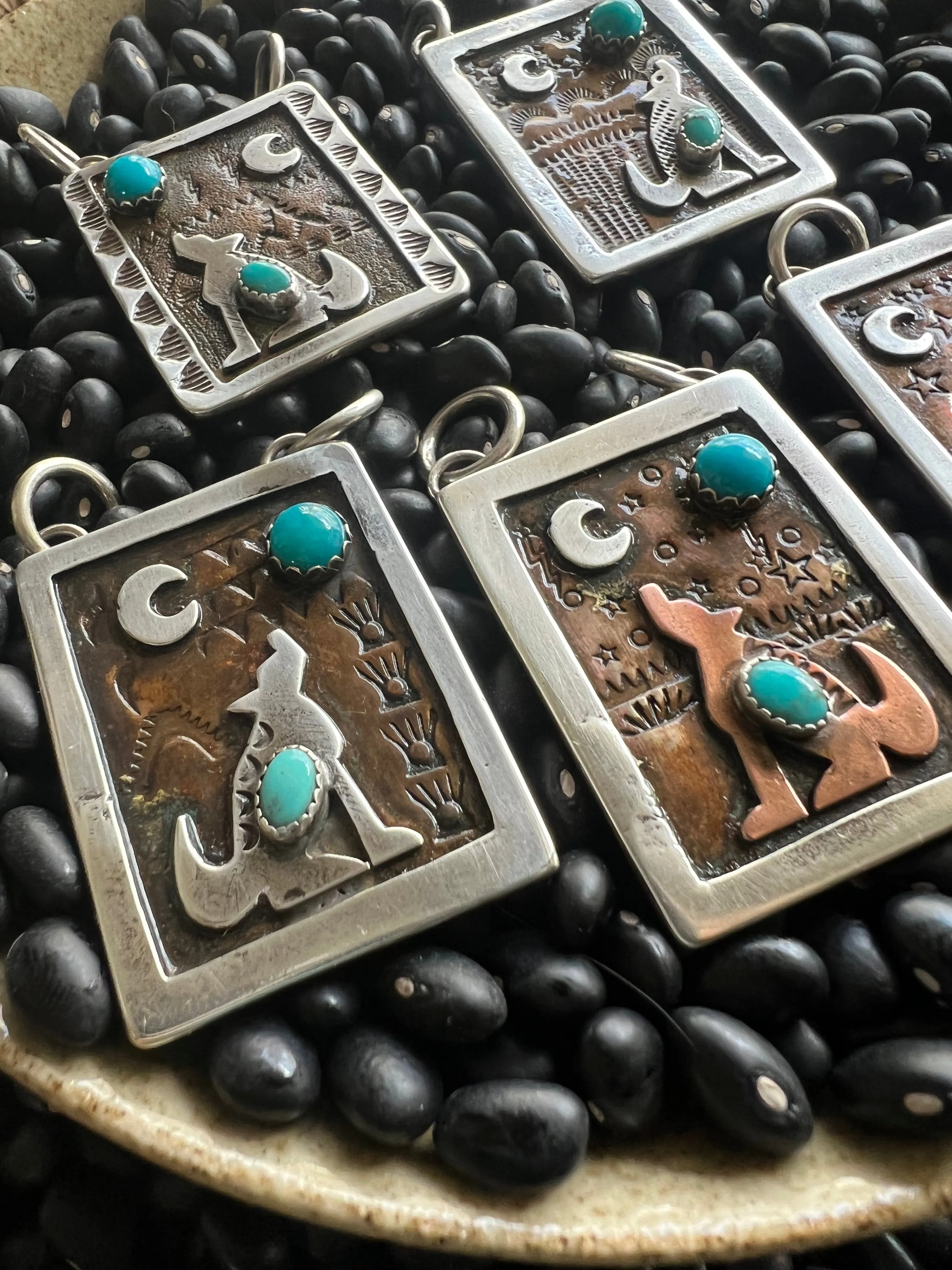 Hand Stamped Armadillo Cactus and Coyote Pendants