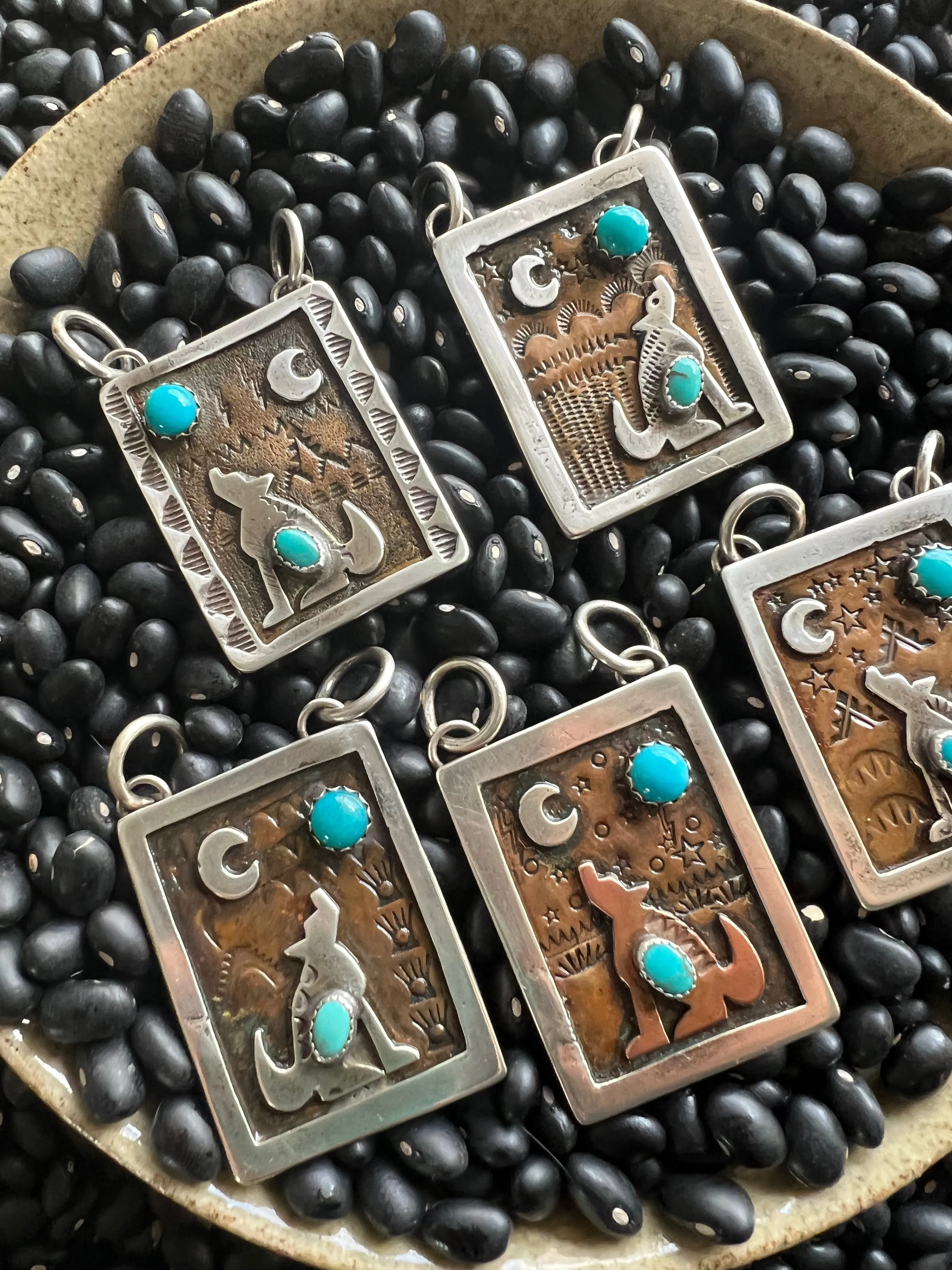 Hand Stamped Armadillo Cactus and Coyote Pendants