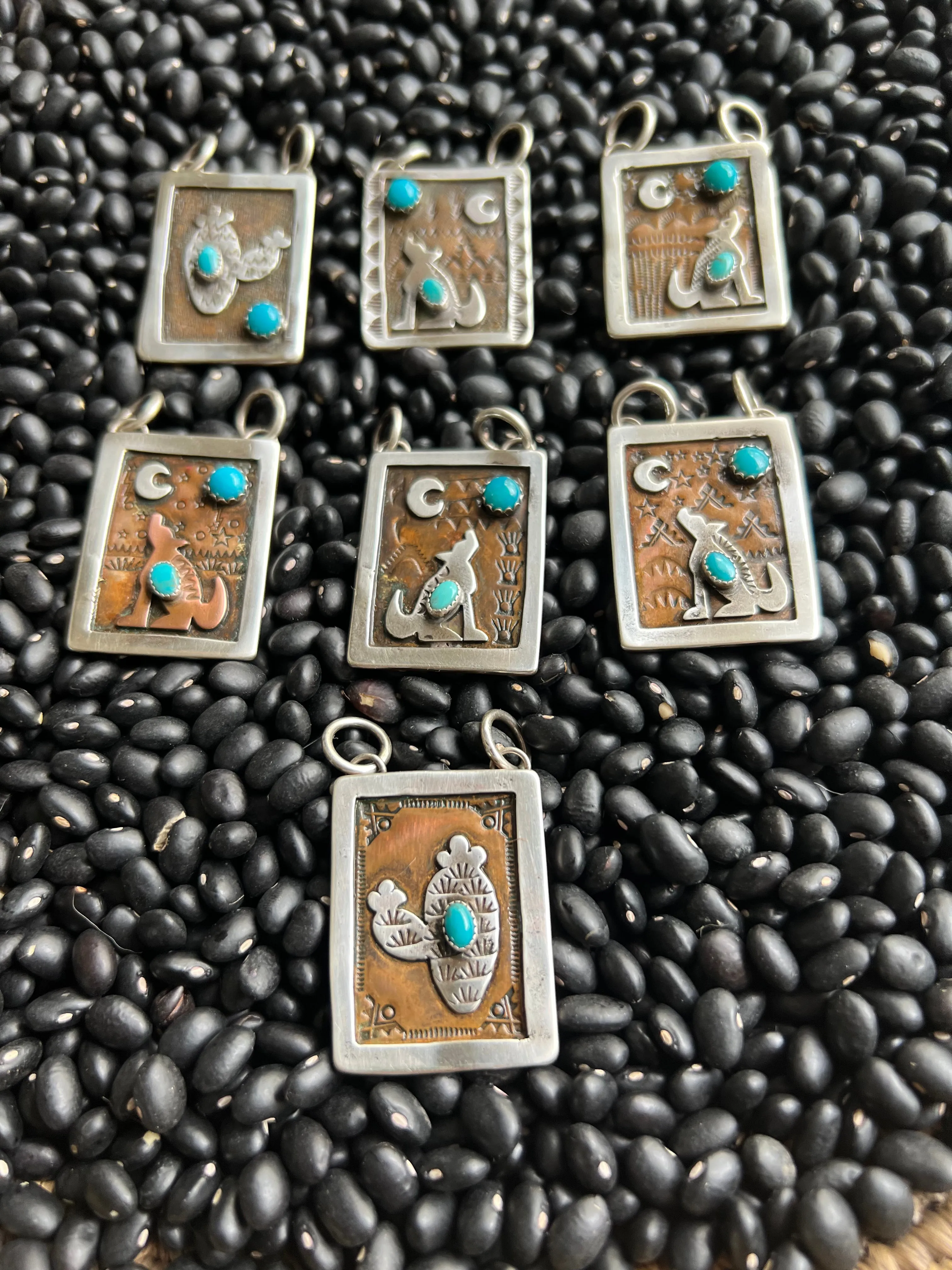 Hand Stamped Armadillo Cactus and Coyote Pendants