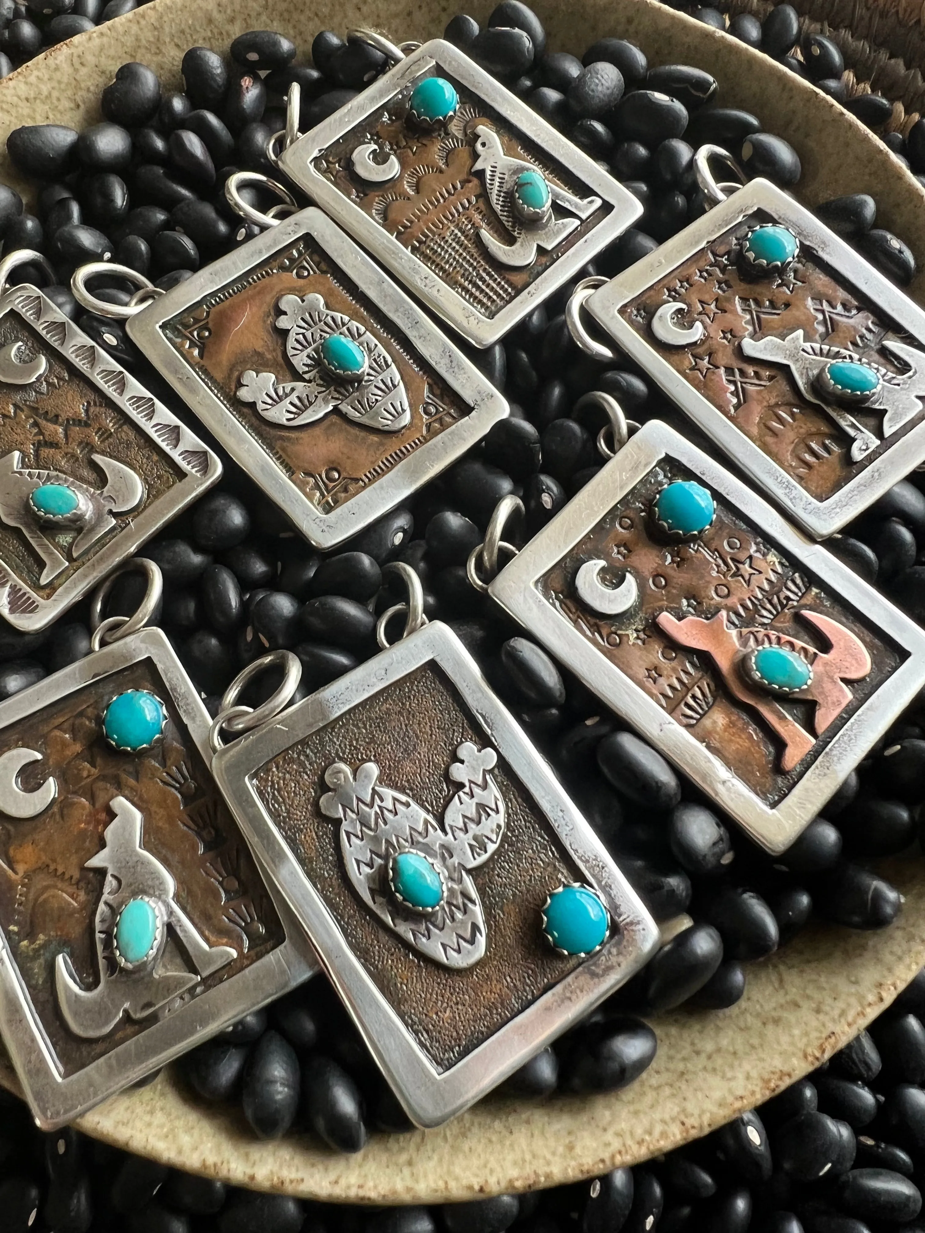 Hand Stamped Armadillo Cactus and Coyote Pendants