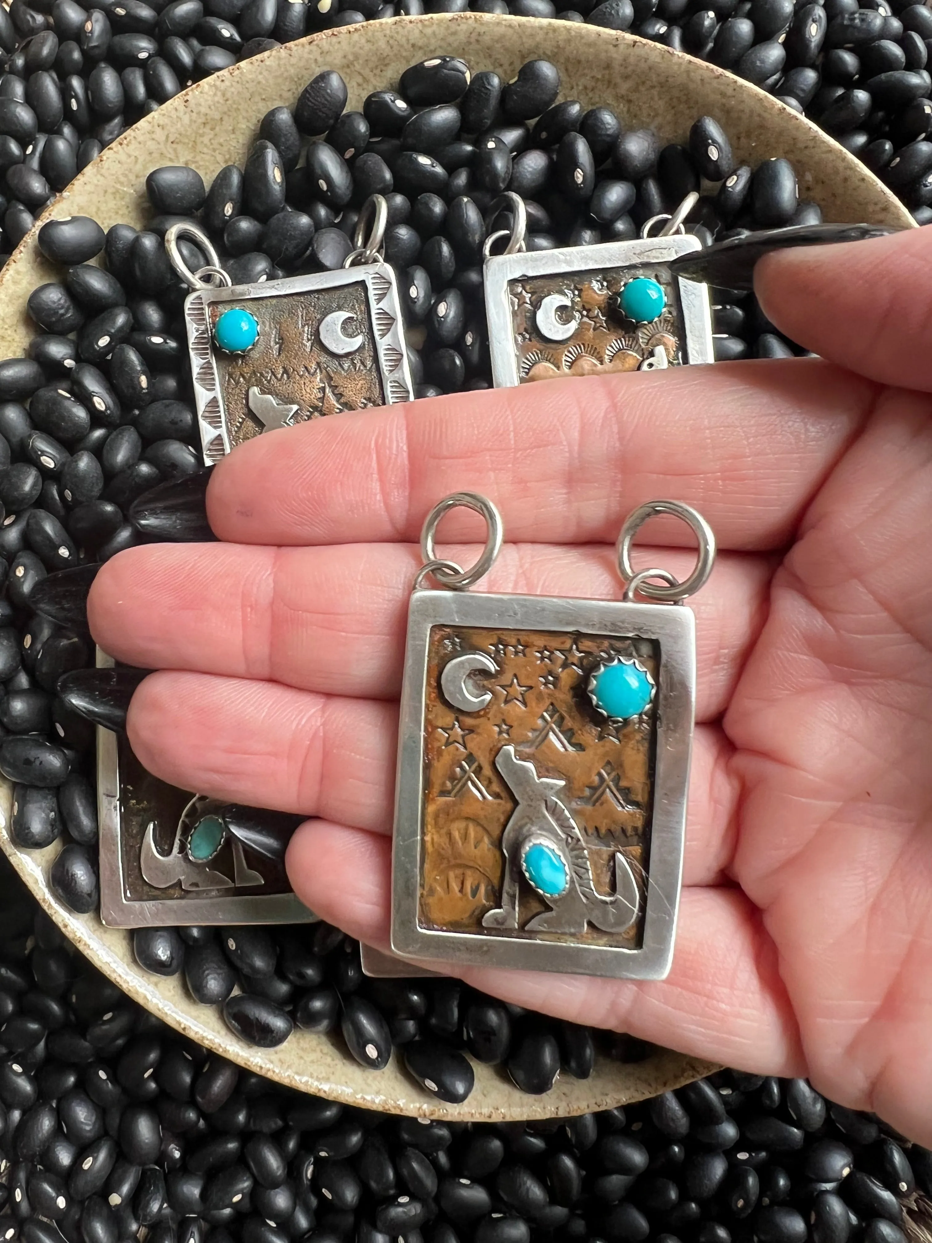 Hand Stamped Armadillo Cactus and Coyote Pendants