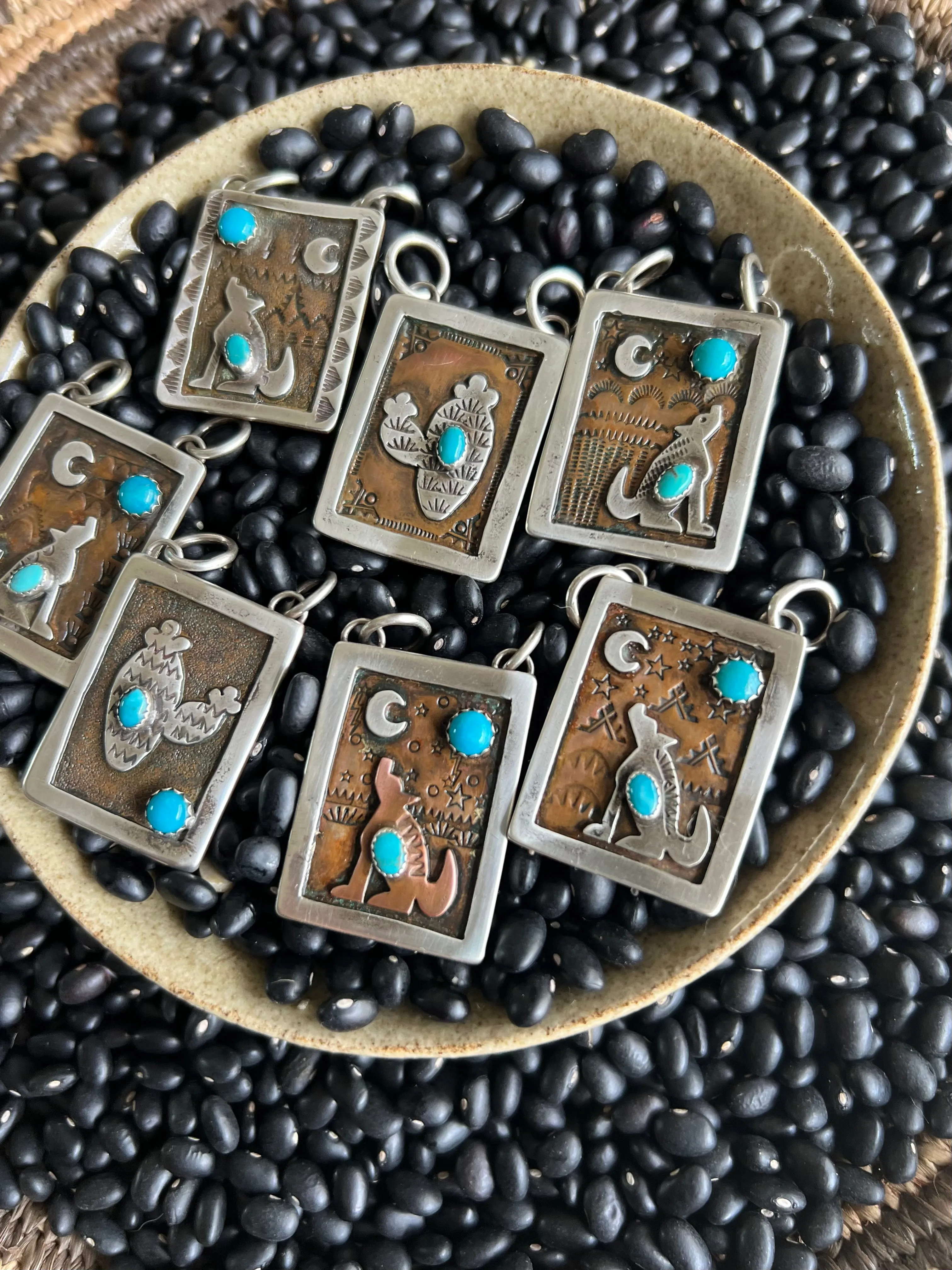 Hand Stamped Armadillo Cactus and Coyote Pendants