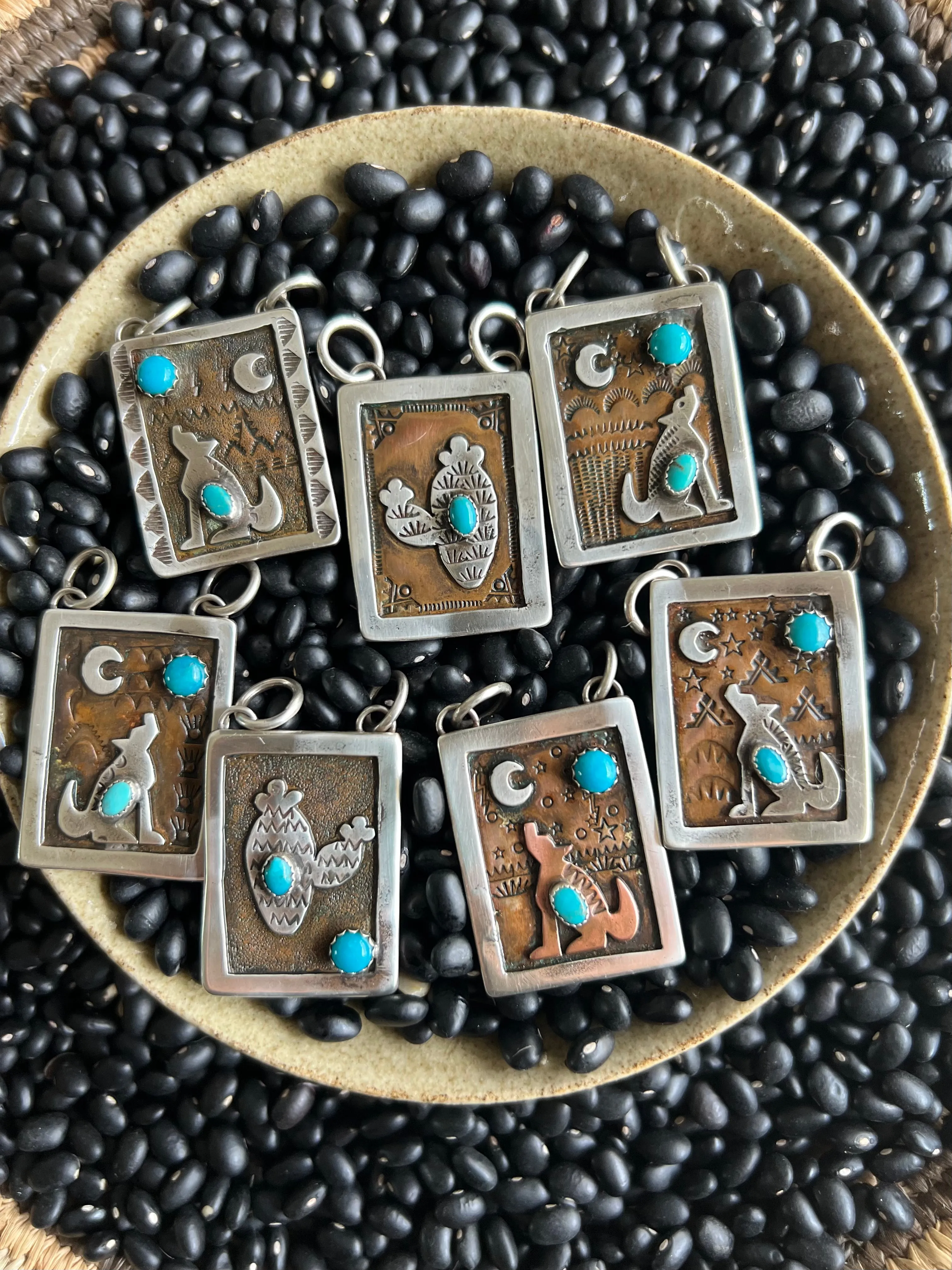 Hand Stamped Armadillo Cactus and Coyote Pendants