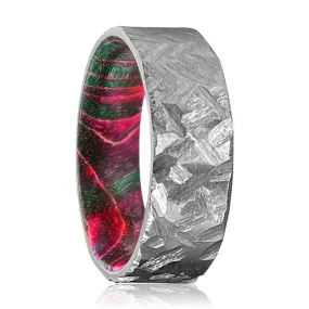 HUBER | Green and Red Wood, Silver Titanium Ring, Hammered, Flat