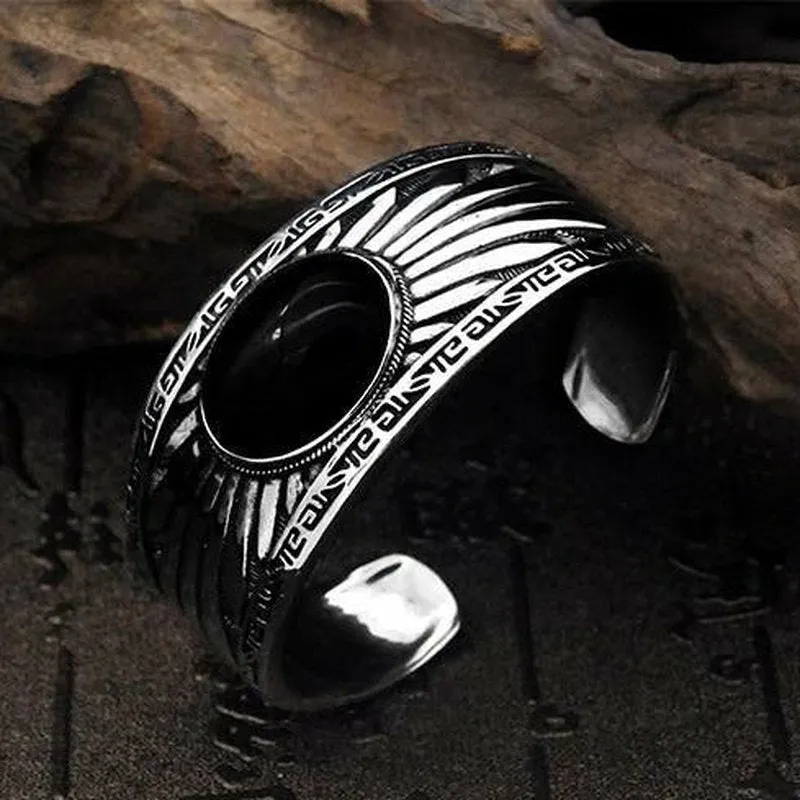 Jet Black Oval Agate Inlaid in 925 Silver Cuff Bracelet