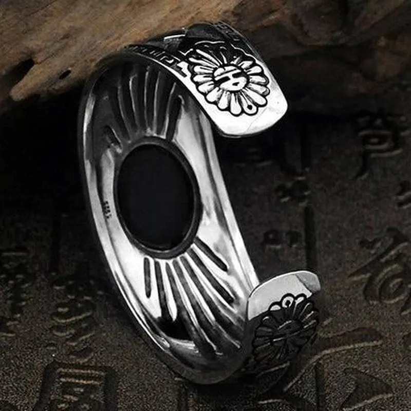 Jet Black Oval Agate Inlaid in 925 Silver Cuff Bracelet