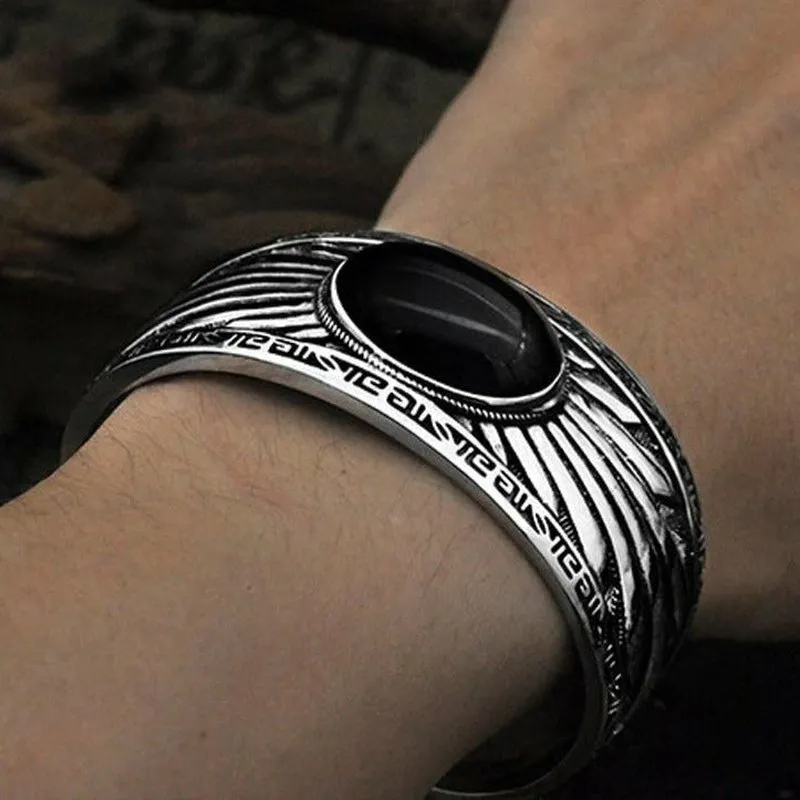 Jet Black Oval Agate Inlaid in 925 Silver Cuff Bracelet